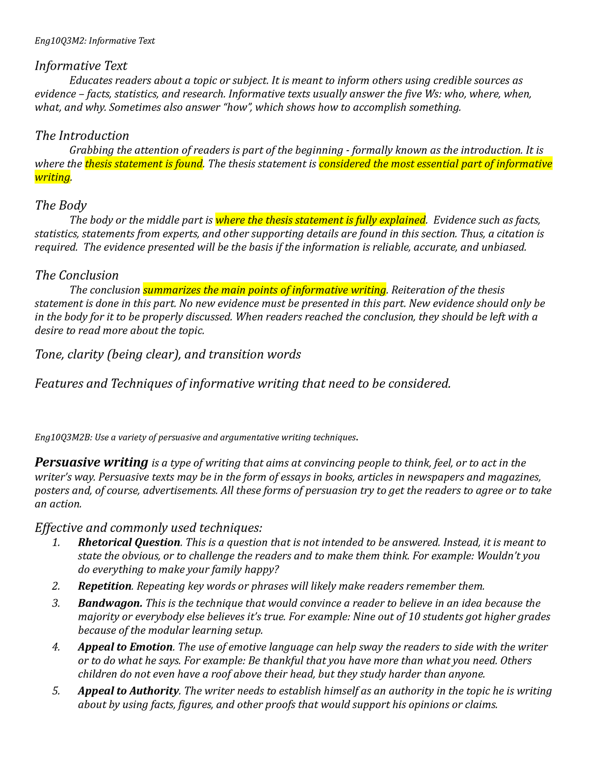 Eng10Q3M2 Notes - English 10 Q3 Module/Week 2 - Eng10Q3M2: Informative ...