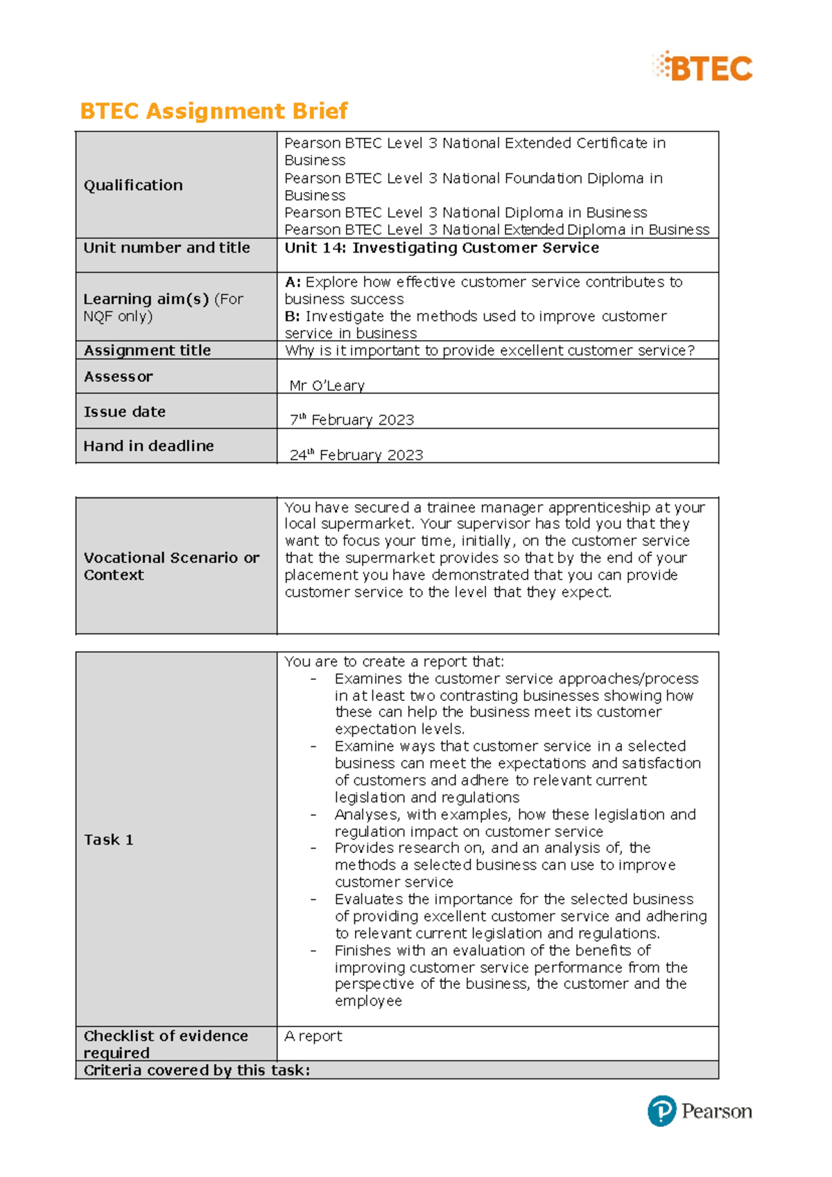 Unit 14 Authorised Assignment Brief for Learning Aim A and B ...