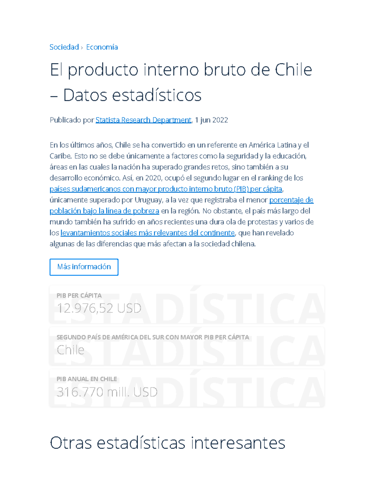 El Producto Interno Bruto De Chile – Datos Estadísticos Statista ...