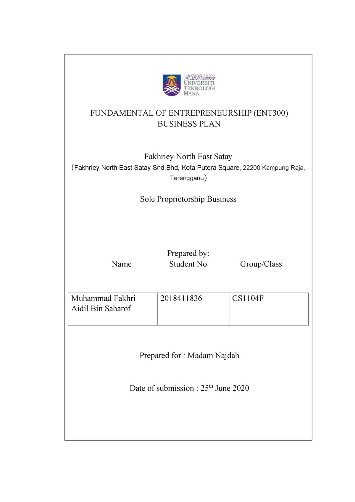 example of business plan sole proprietorship