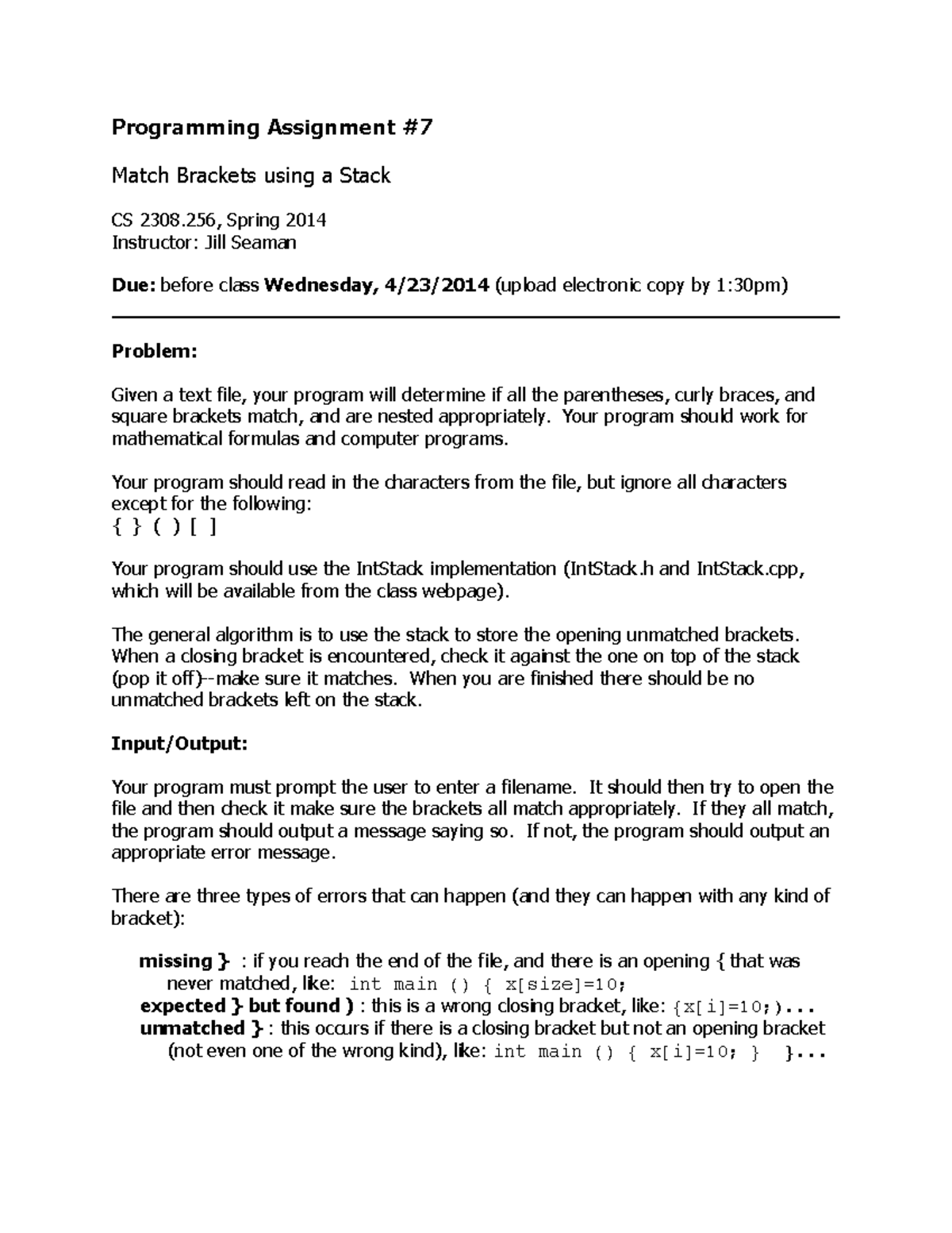 Assignment 7 - CS 2308 - Programming Assignment ! Match Brackets using ...