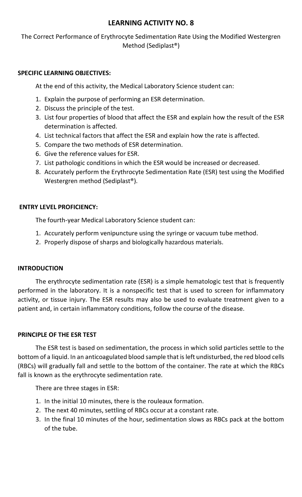 Sediplast Erythrocyte Sedimentation Rate (ESR) Test