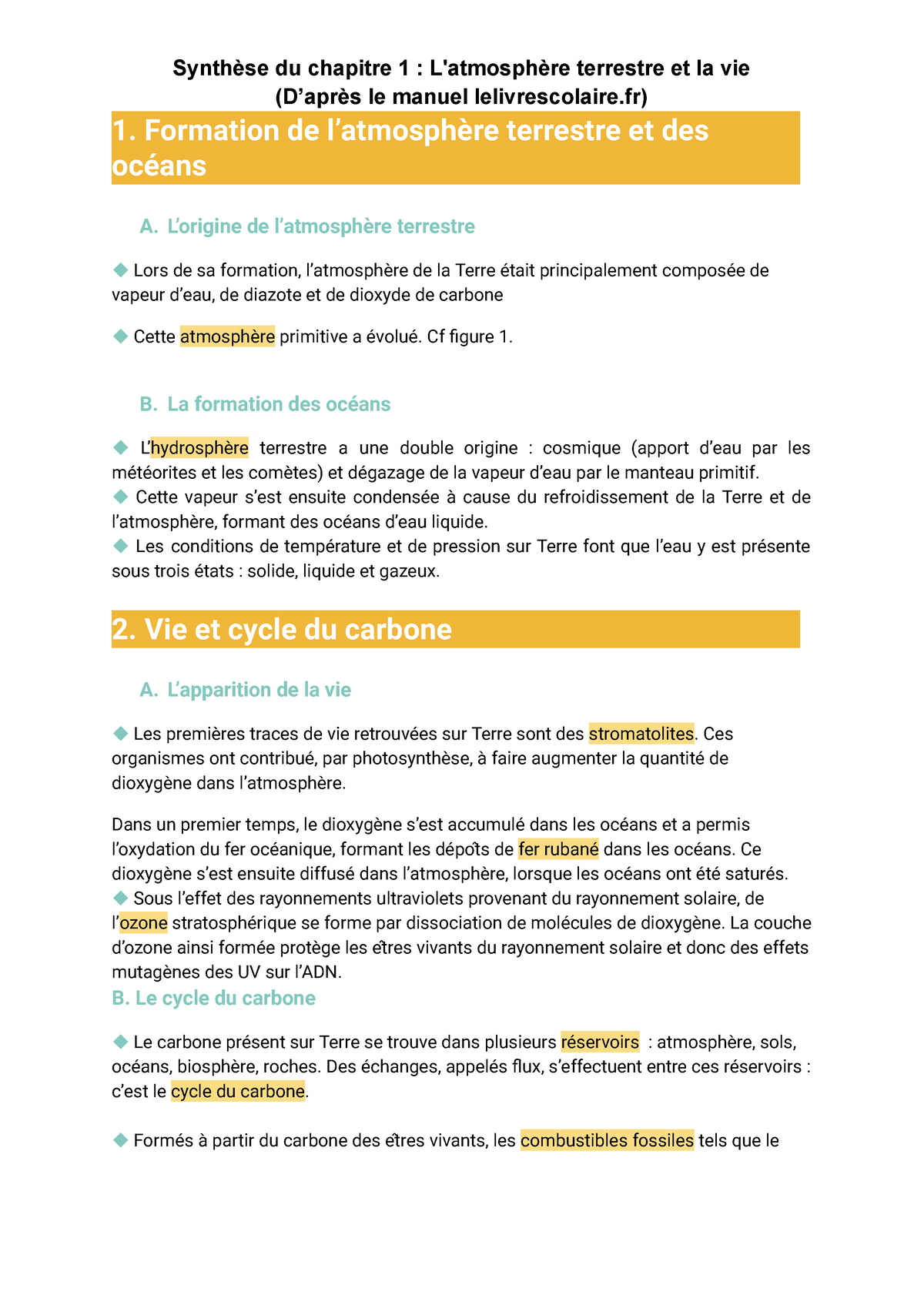 Synthèse Du Chapitre 1 L'atmosphère Terrestre Et La Vie - Synthèse Du ...