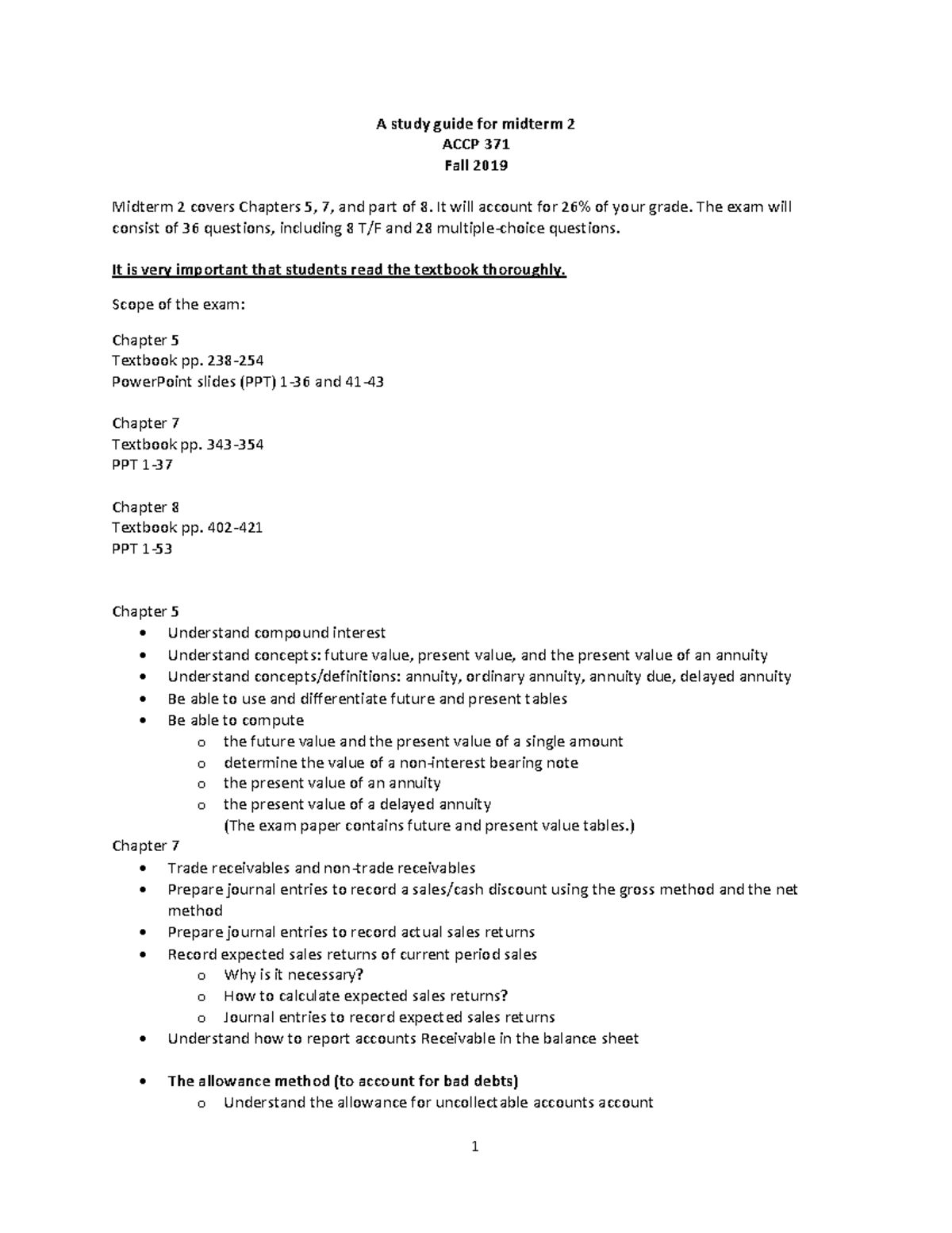 Brief study guide Midterm 2 - 1 A study guide for midterm 2 ACCP 371 ...