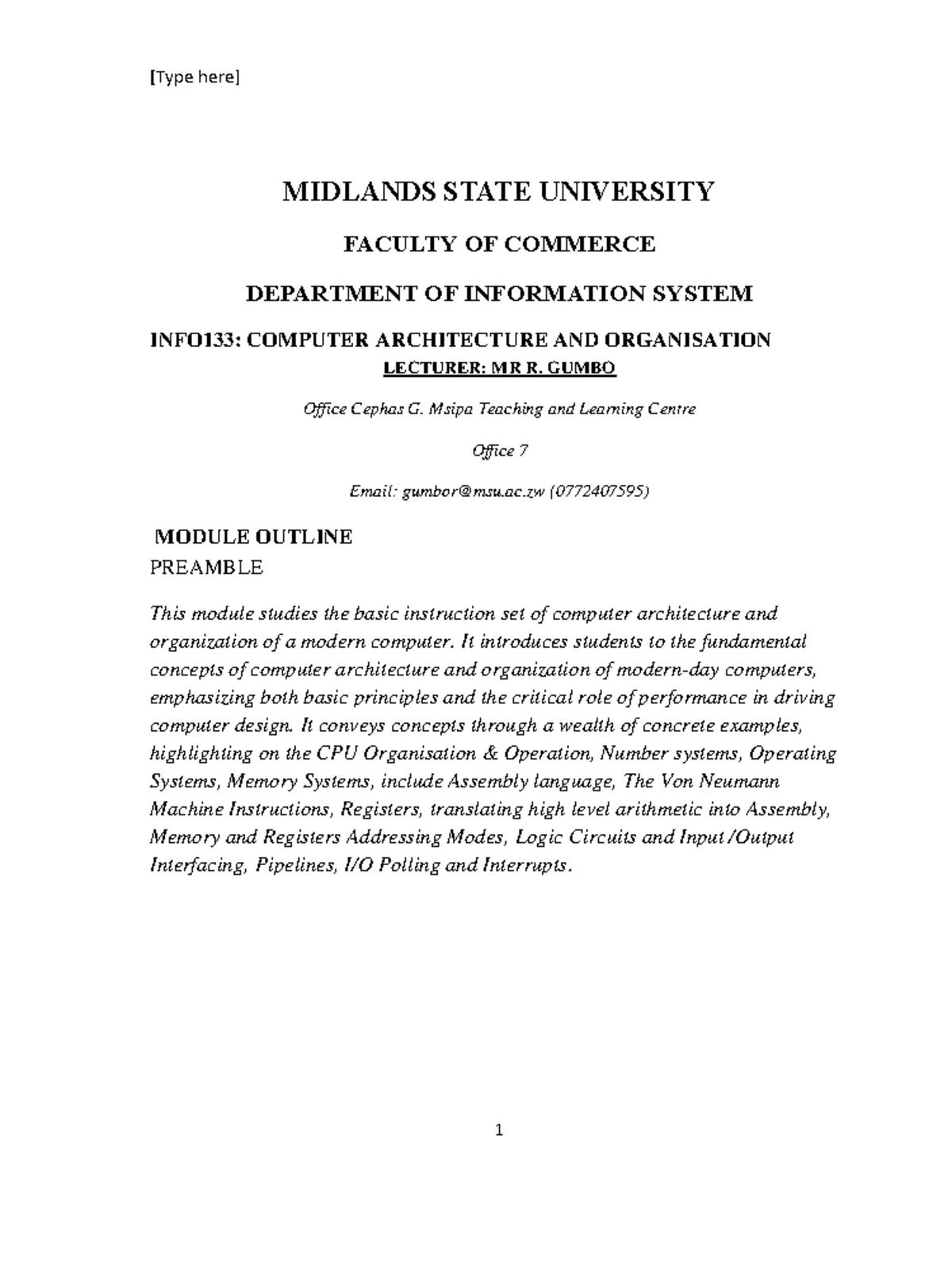 INFO133 Computer Architecture and Organisation module notes - MIDLANDS ...