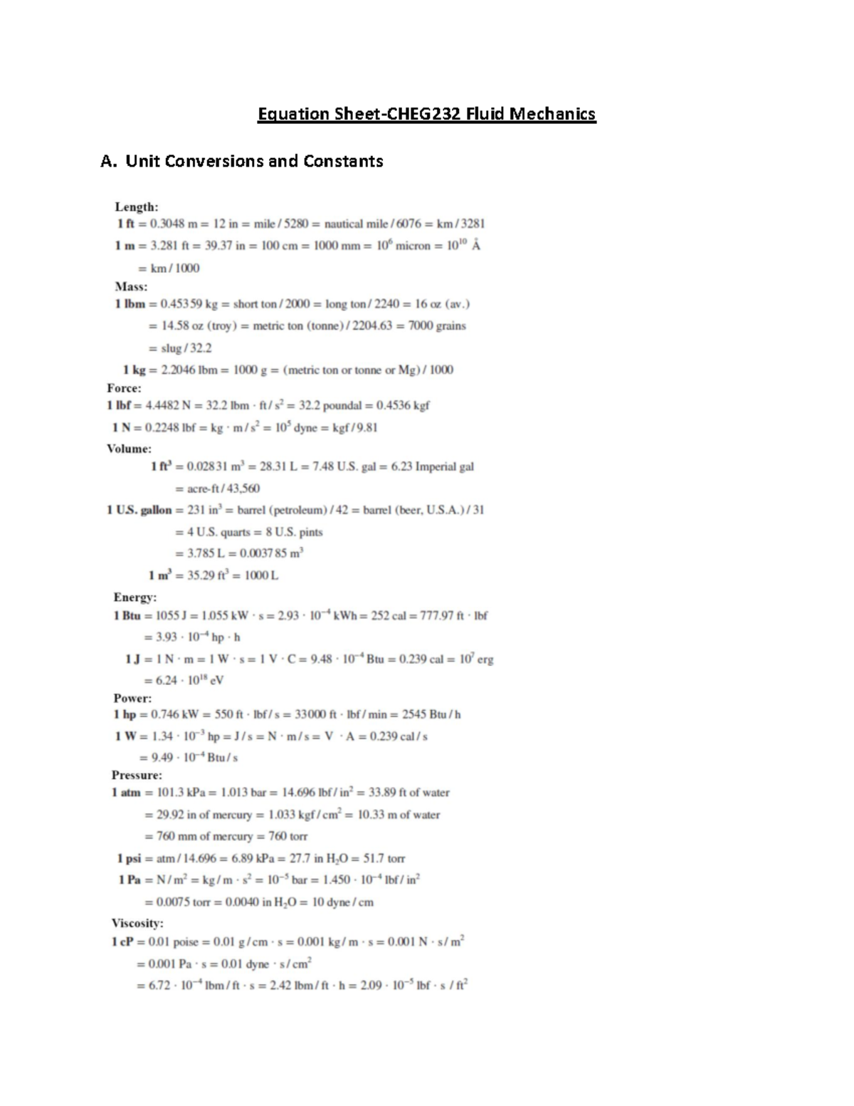 Equation Sheet - ..... - Equation Sheet-CHEG232 Fluid Mechanics A. Unit ...