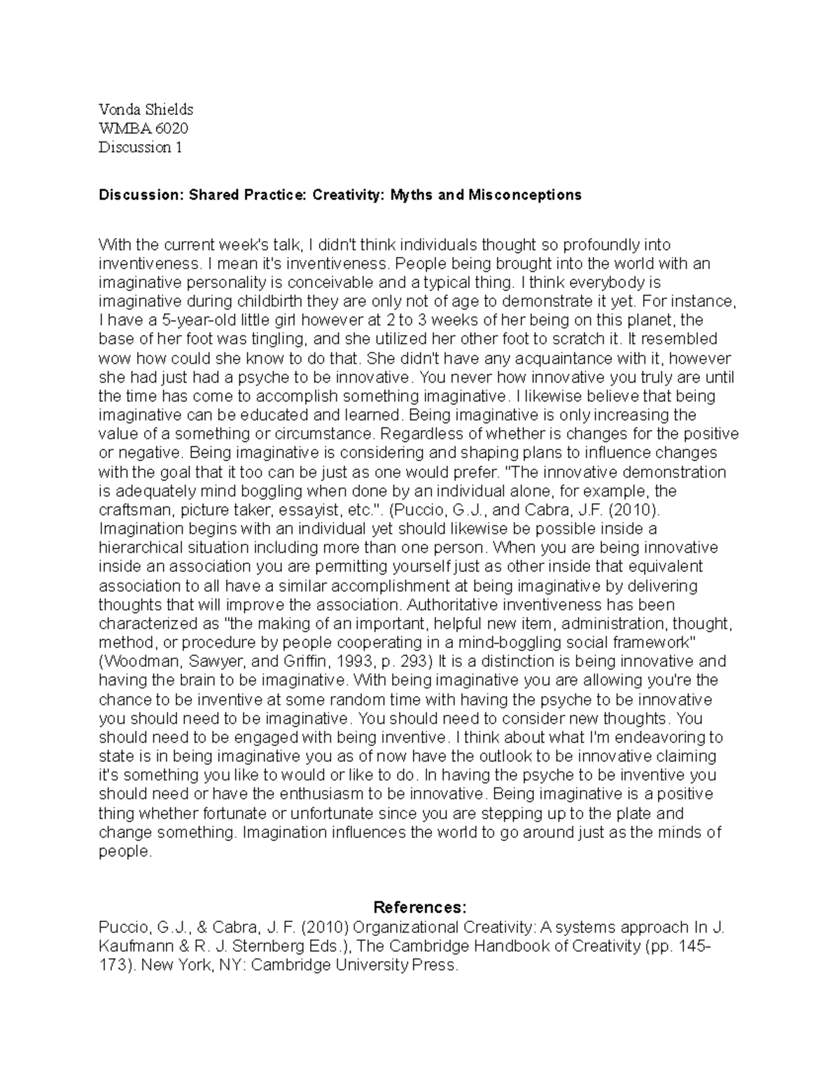 Week 1 Discussion - Vonda Shields WMBA 6020 Discussion 1 Discussion ...