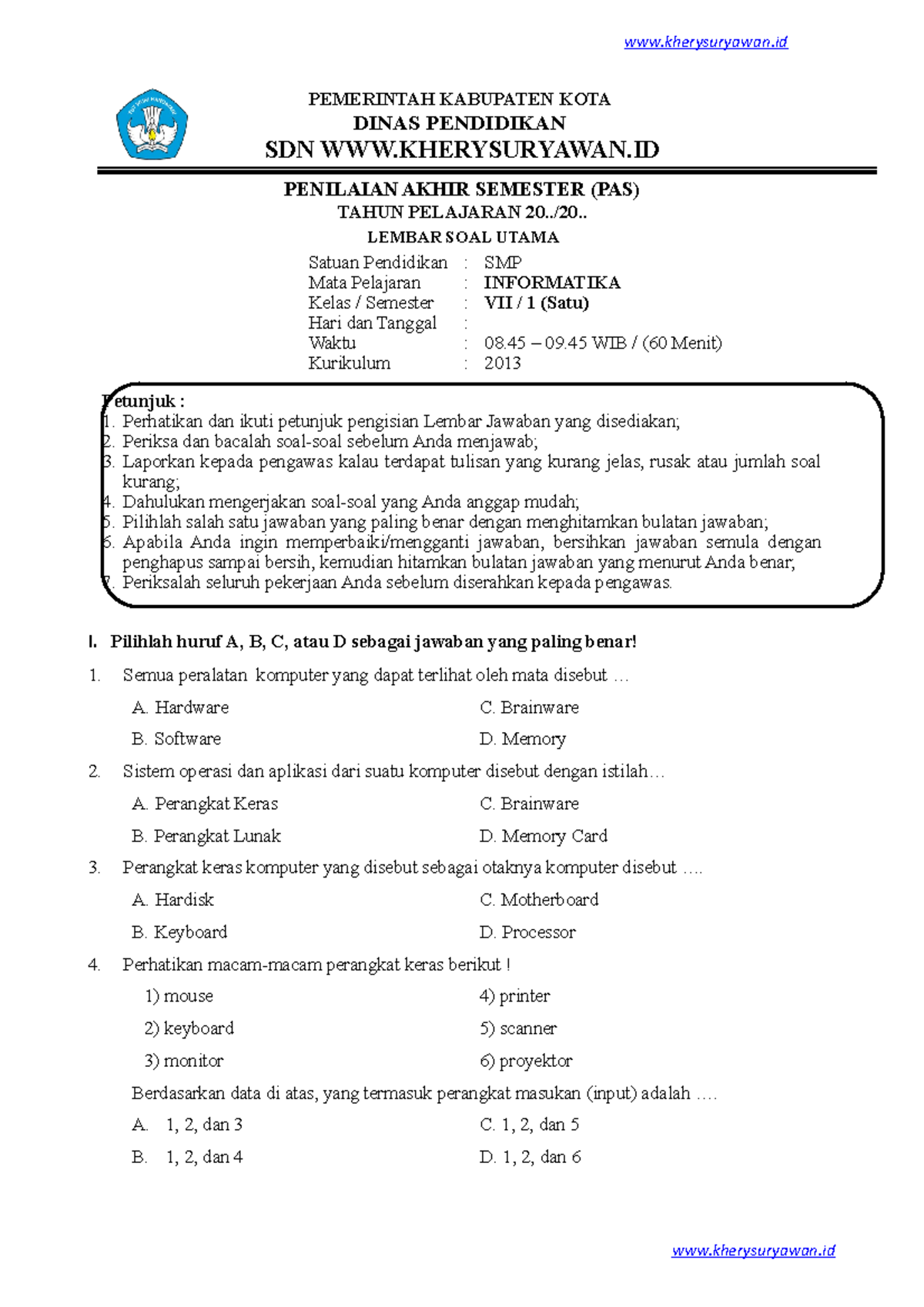 SOAL PAS Informatika Kelas VII -www - Kherysuryawan PEMERINTAH ...