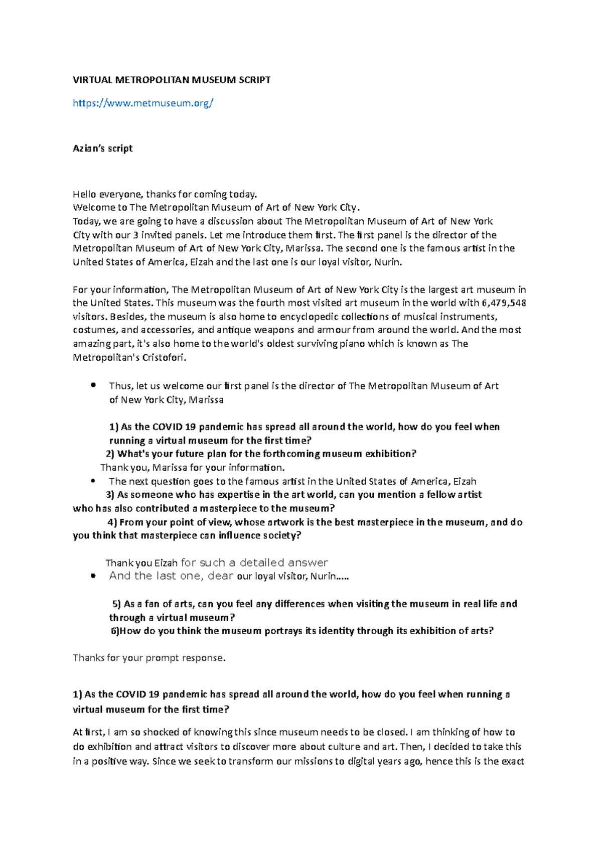 494312944 Virtual Museum Script 1 2 1 VIRTUAL METROPOLITAN MUSEUM