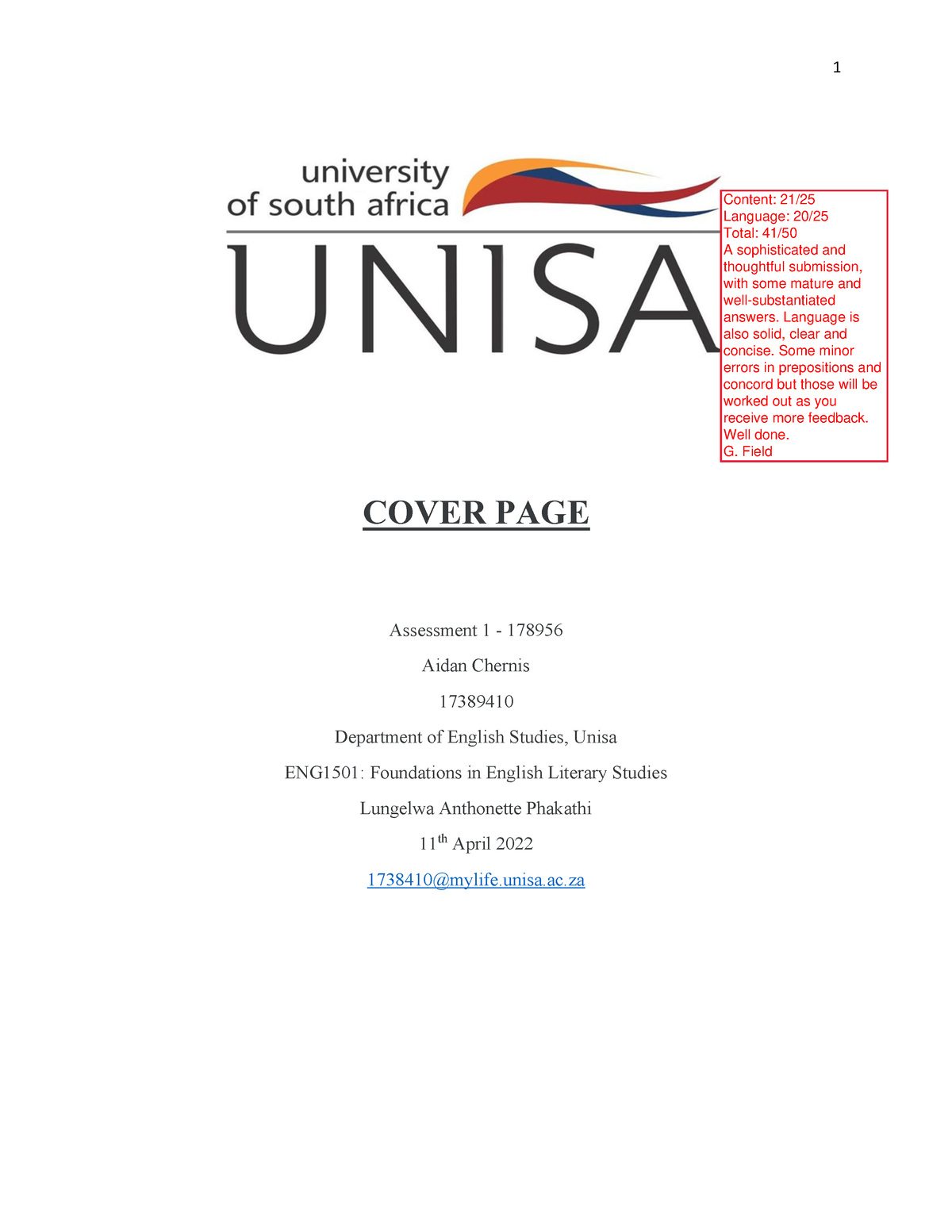 unisa assignment cover sheet