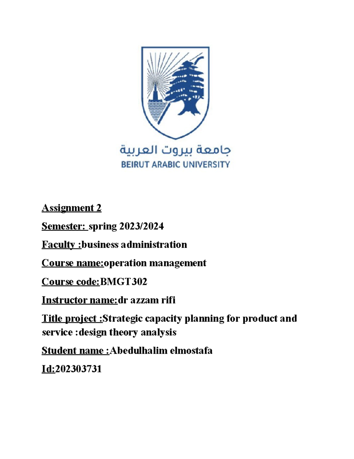 Abedulhalim almostafa Document - Assignment 2 Semester: spring 2023 ...