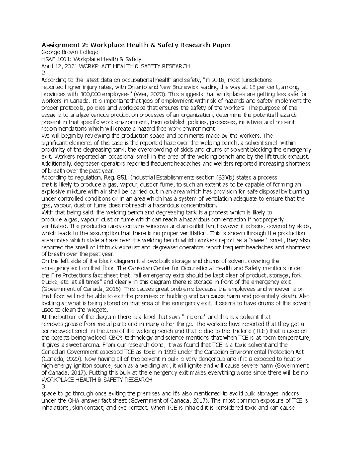 Assignment 2 group Assignment 2 Workplace Health & Safety Research Paper Brown College