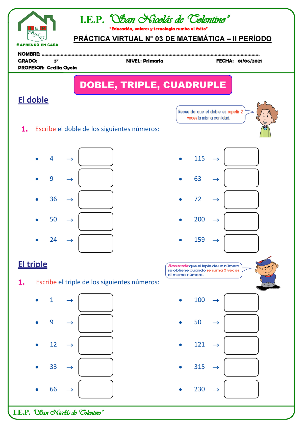 Fichas De Doble Y Triple Para Tercer Grado 3493