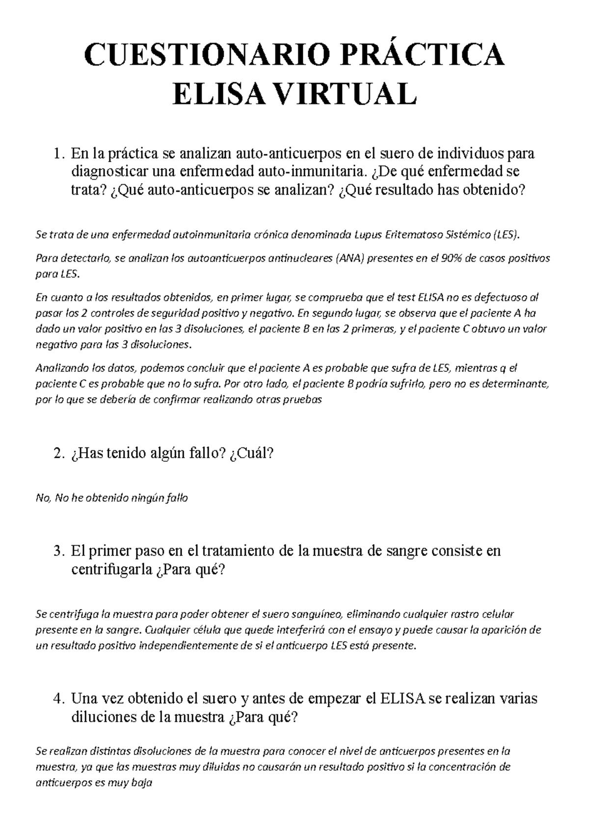 Preguntas En Relaci n A La Tecnica ELISA CUESTIONARIO PR CTICA ELISA 