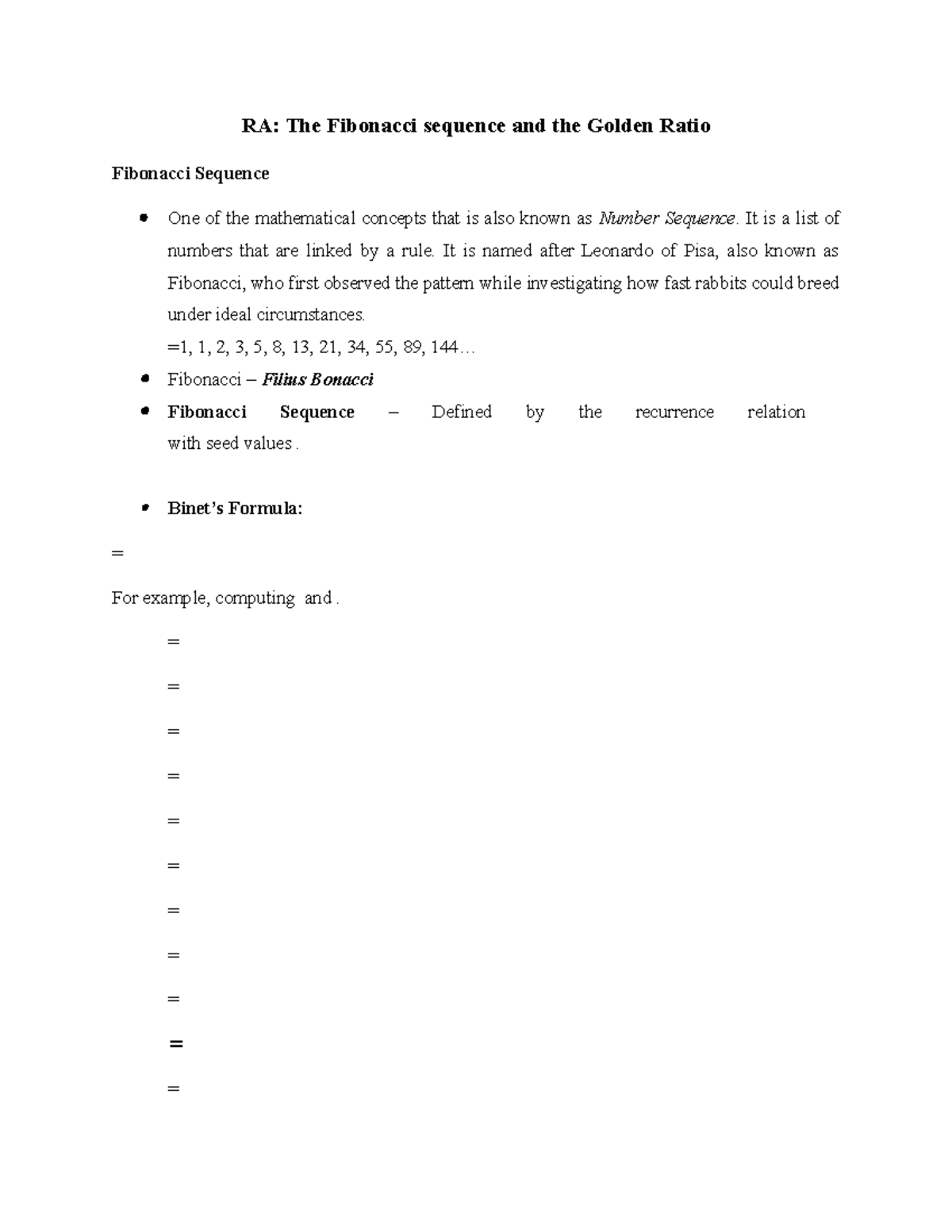 The Fibonacci Sequence and The Golden Ratio notes - RA: The Fibonacci ...