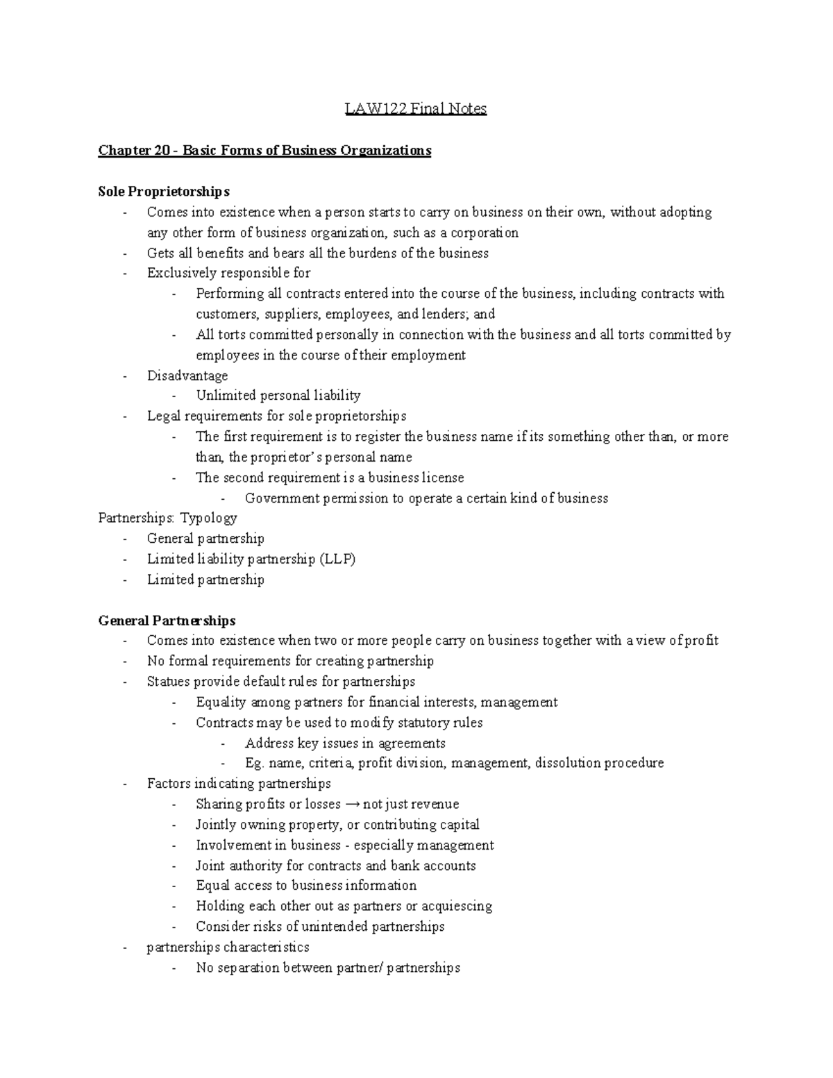 LAW122 Final Notes - LAW122 Final Notes Chapter 20 - Basic Forms Of ...