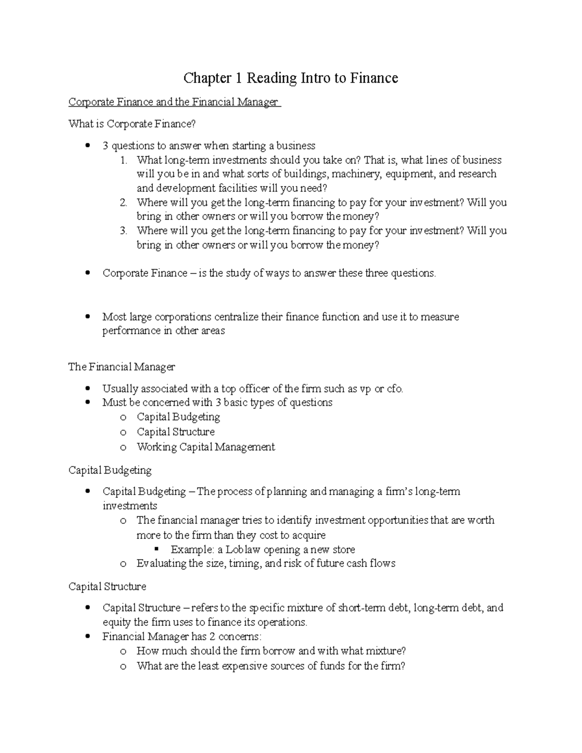 Chapter 1 Reading Intro to Finance - Econ 2D03 - McMaster - Studocu