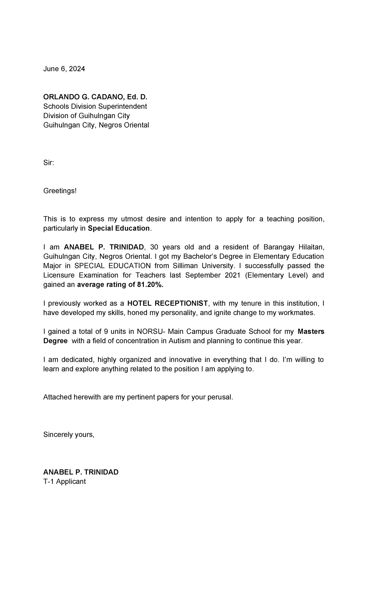 Letter OF Intent - notes - June 6, 202 4 ORLANDO G. CADANO, Ed. D ...