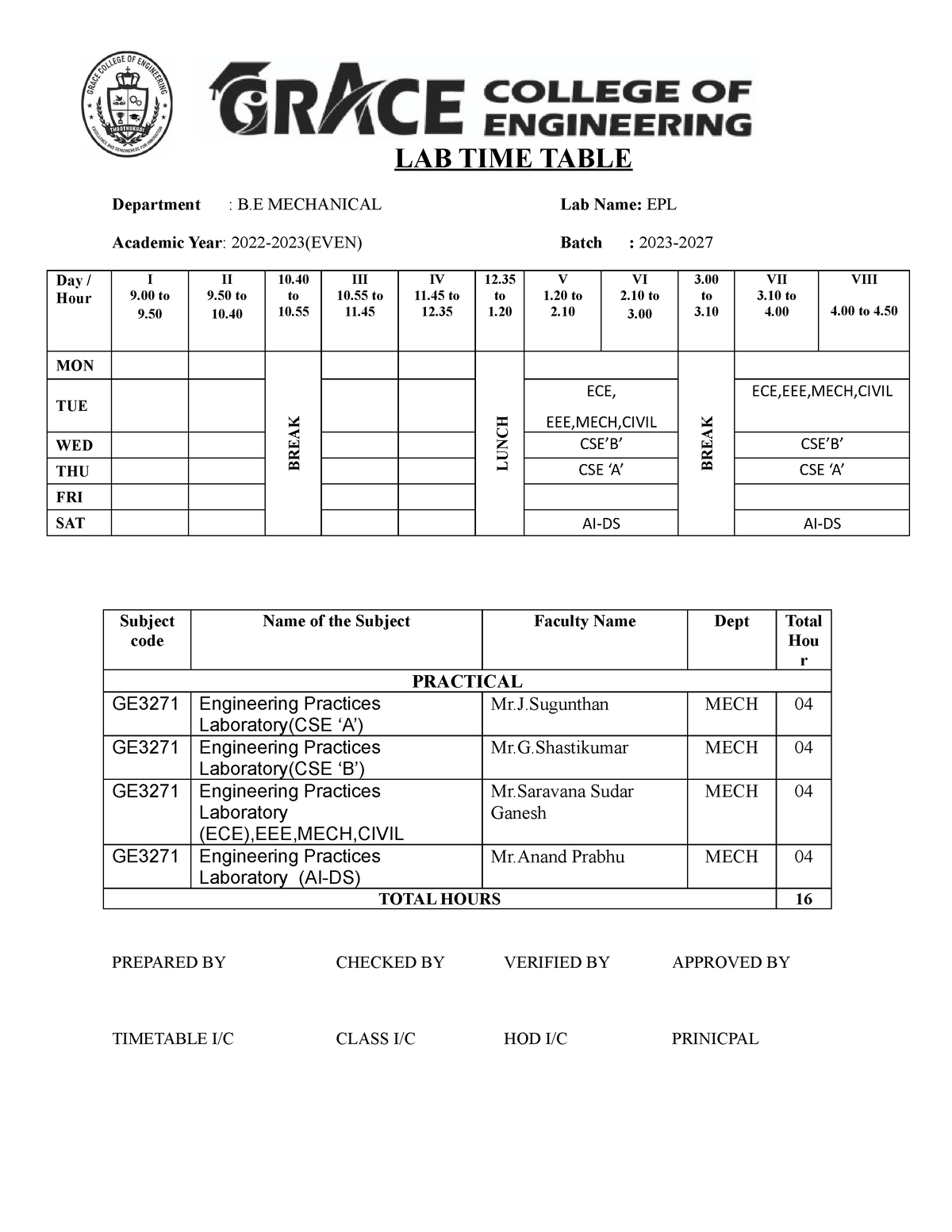 EPL Time table LAB TIME TABLE Department B MECHANICAL Lab Name EPL