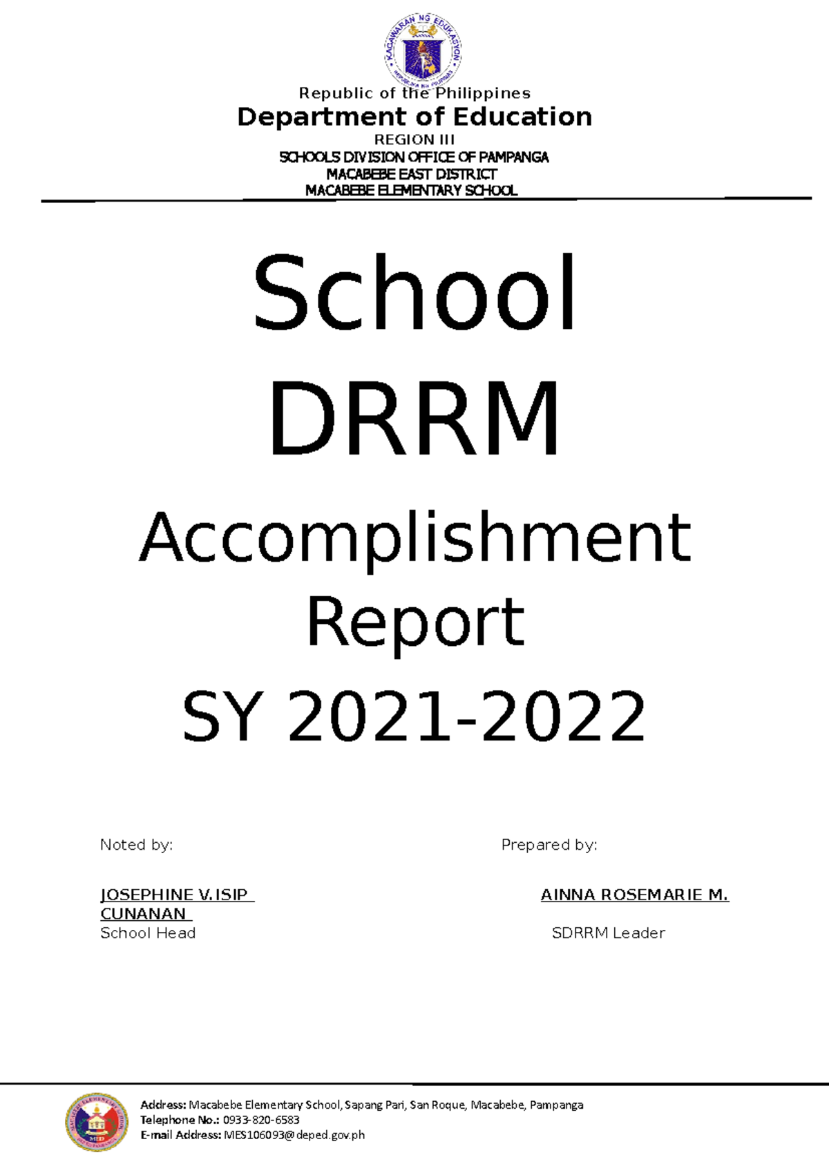 DRRM MES ACR 22 - DRRM report - Republic of the Philippines Department ...