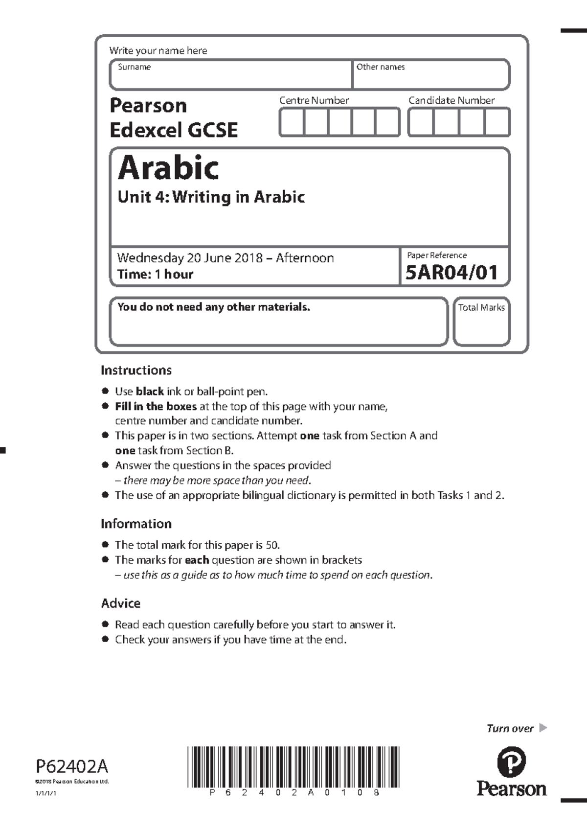 Edexcel Gcse Arabic Unit Question Paper June Centre Number Candidate Number Write Your