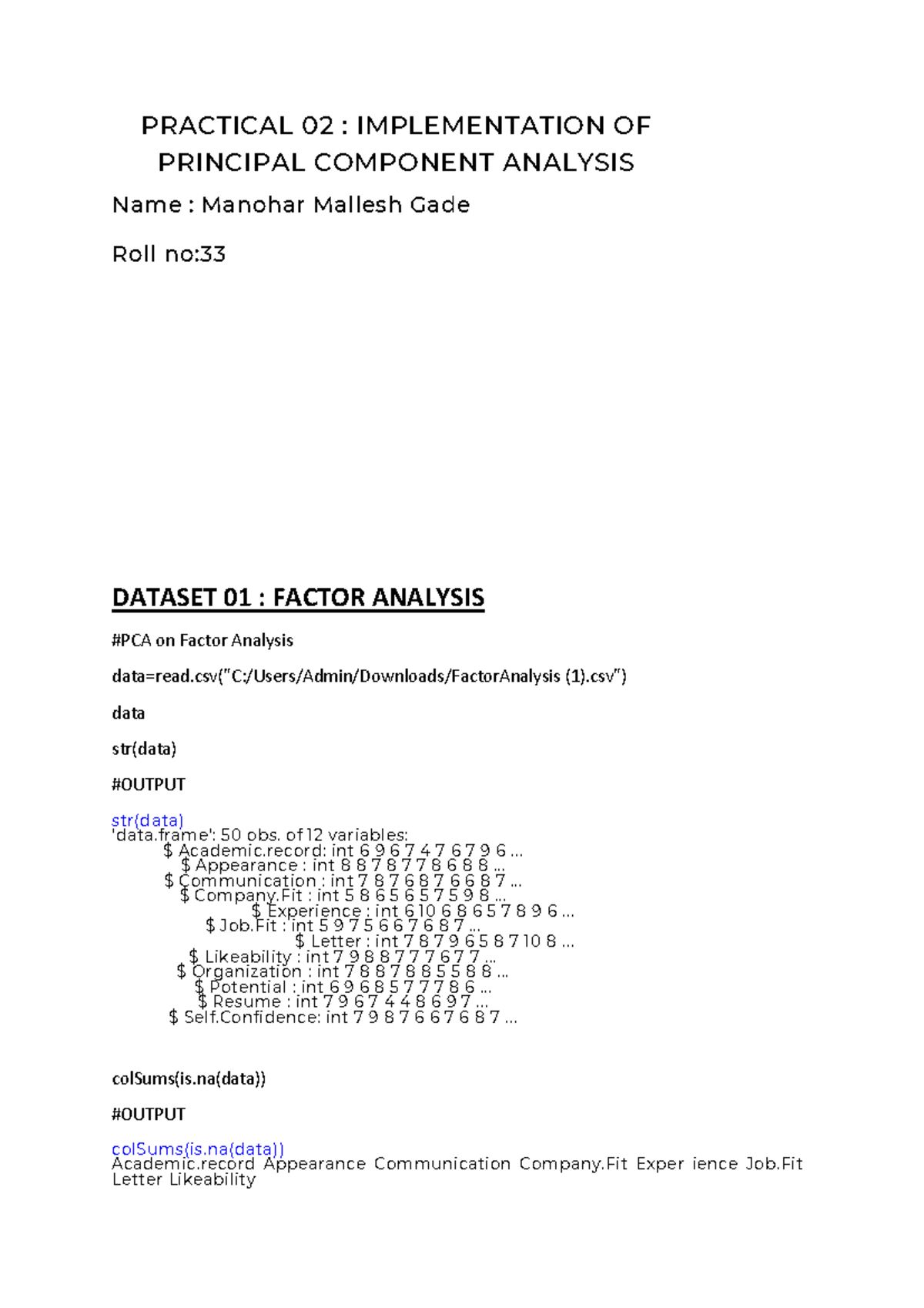 Prac PCA - PRACTICAL 02 : IMPLEMENTATION OF PRINCIPAL COMPONENT ...