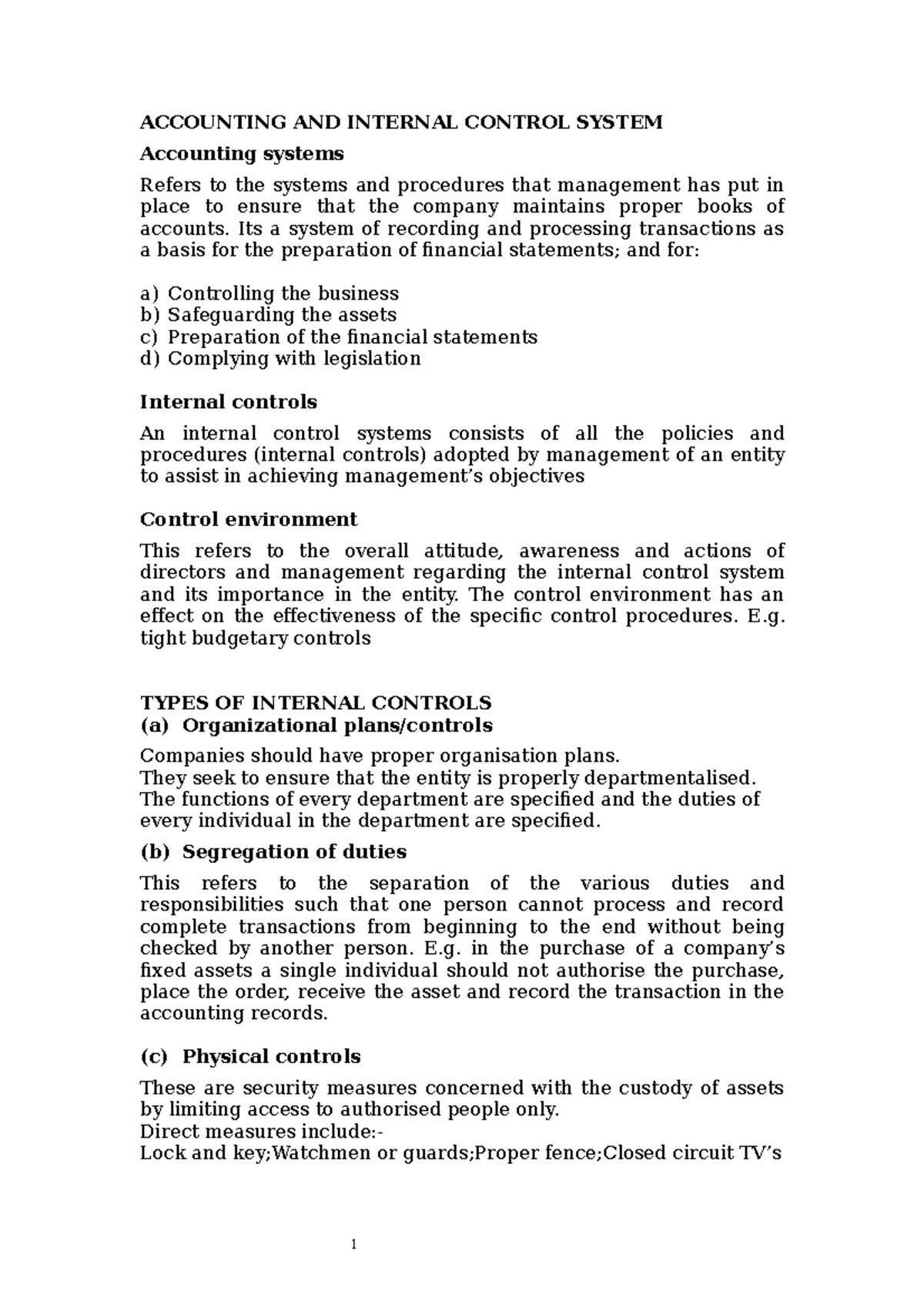 BCA201 Internal Control System Notes ACCOUNTING AND INTERNAL CONTROL
