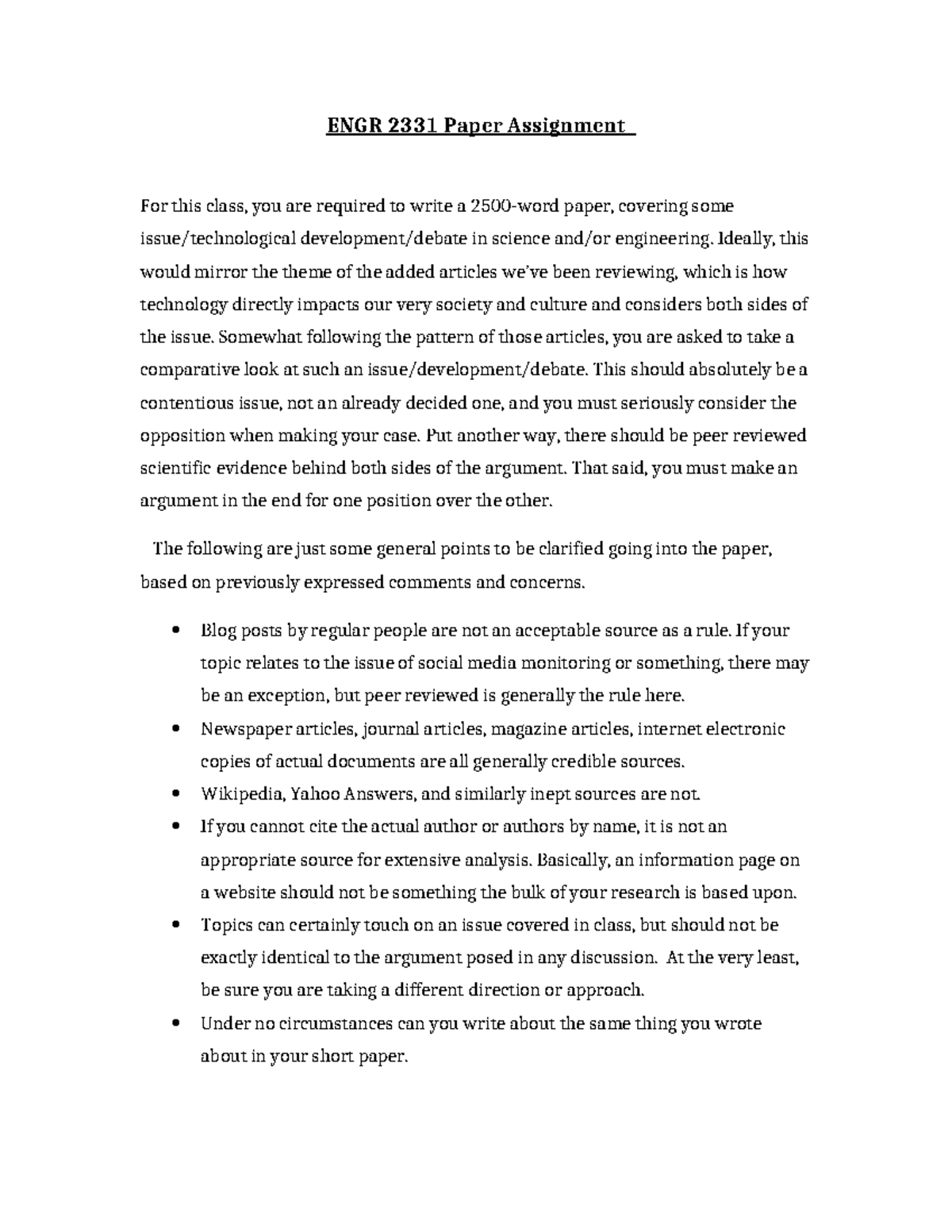 Spring 24Paper Assignment - ENGR 2331 Paper Assignment For this class ...