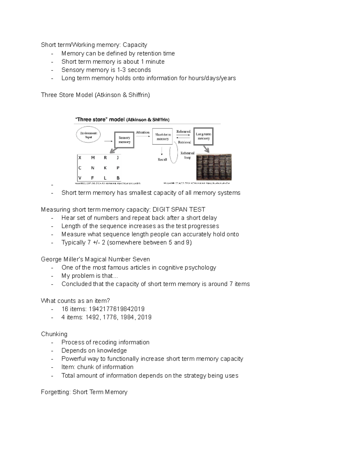 PSYC 224 SP21 Section 2 Notes - Short term/Working memory: Capacity ...