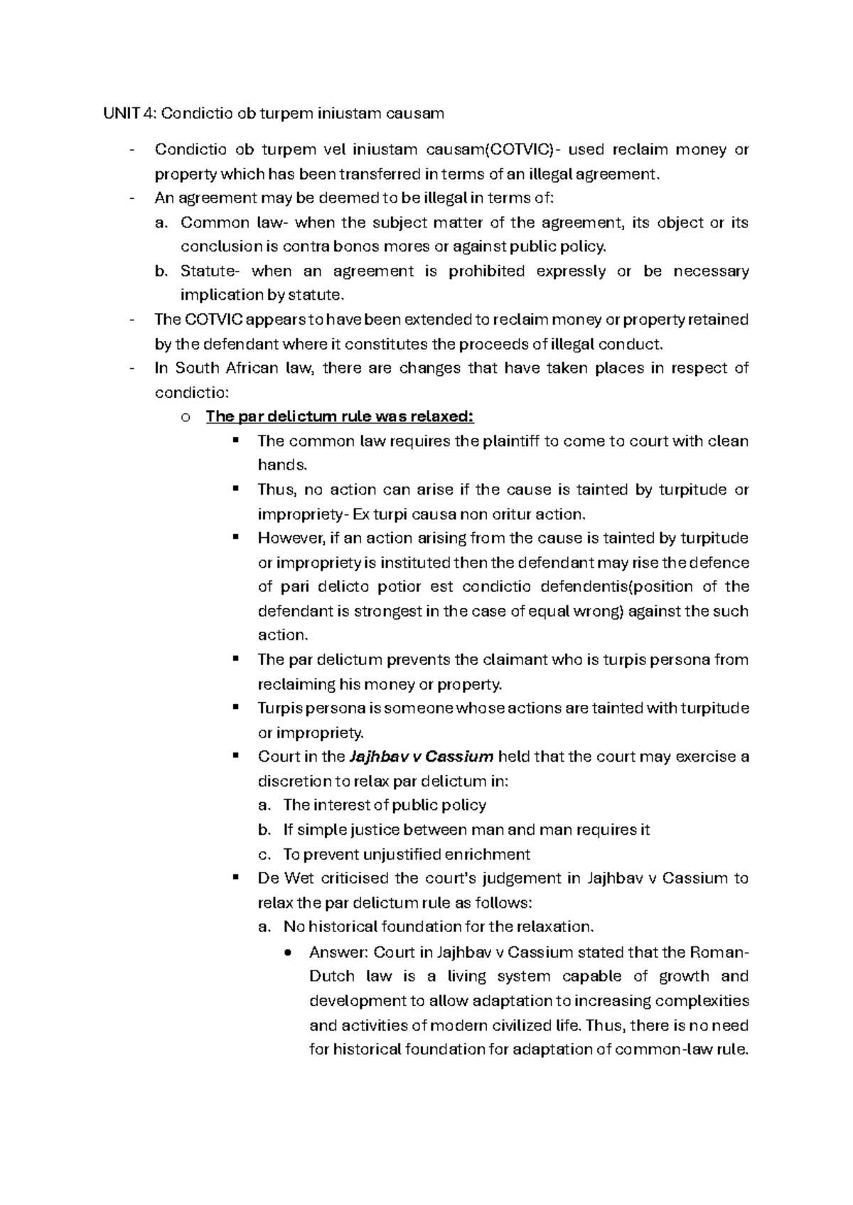 Condictio Ob Causam Finitam Unit 4- Condictio ob turpem - UNIT 4: Condictio ob turpem iniustam