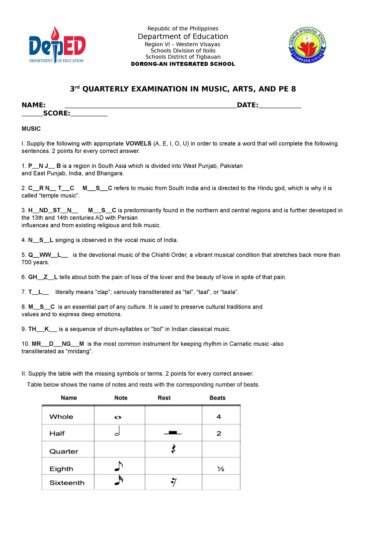 3rd Quarterly Examination In Mapeh 8 - Republic Of The Philippines ...