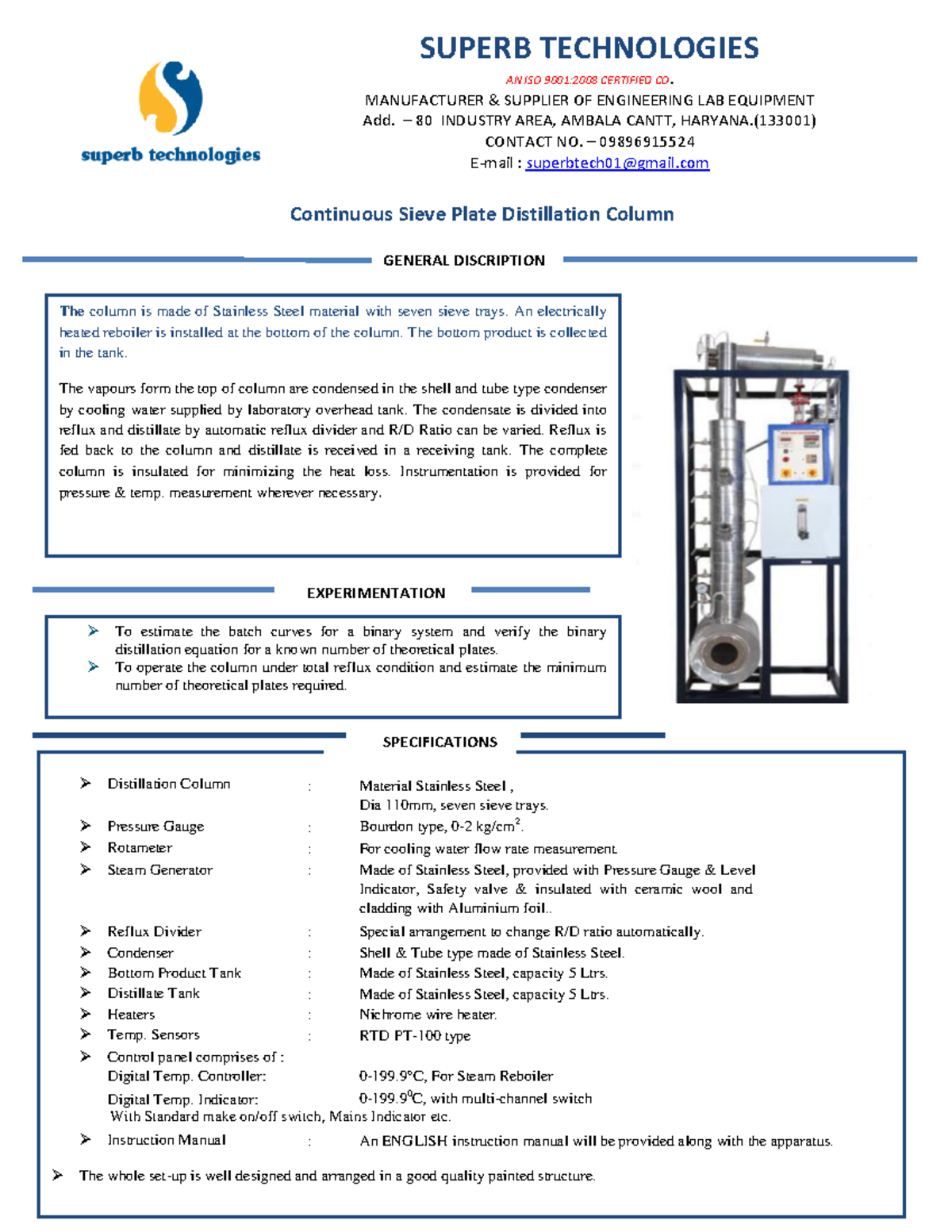 Continous Sieve Plate Distillation Column SUPERB TECHNOLOGIES AN ISO