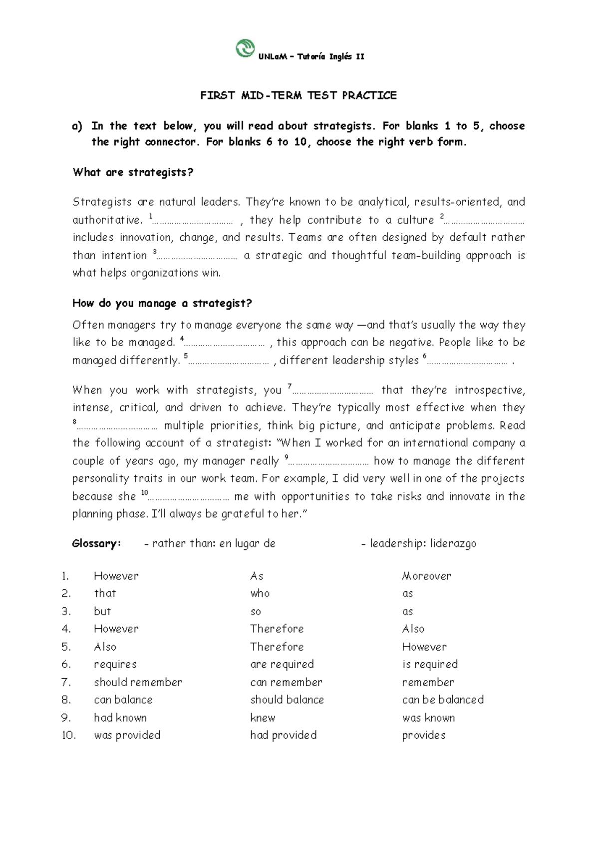 N2 First MID TERM TEST Practice 1 C24 - UNLaM – Tutoría Inglés II FIRST ...