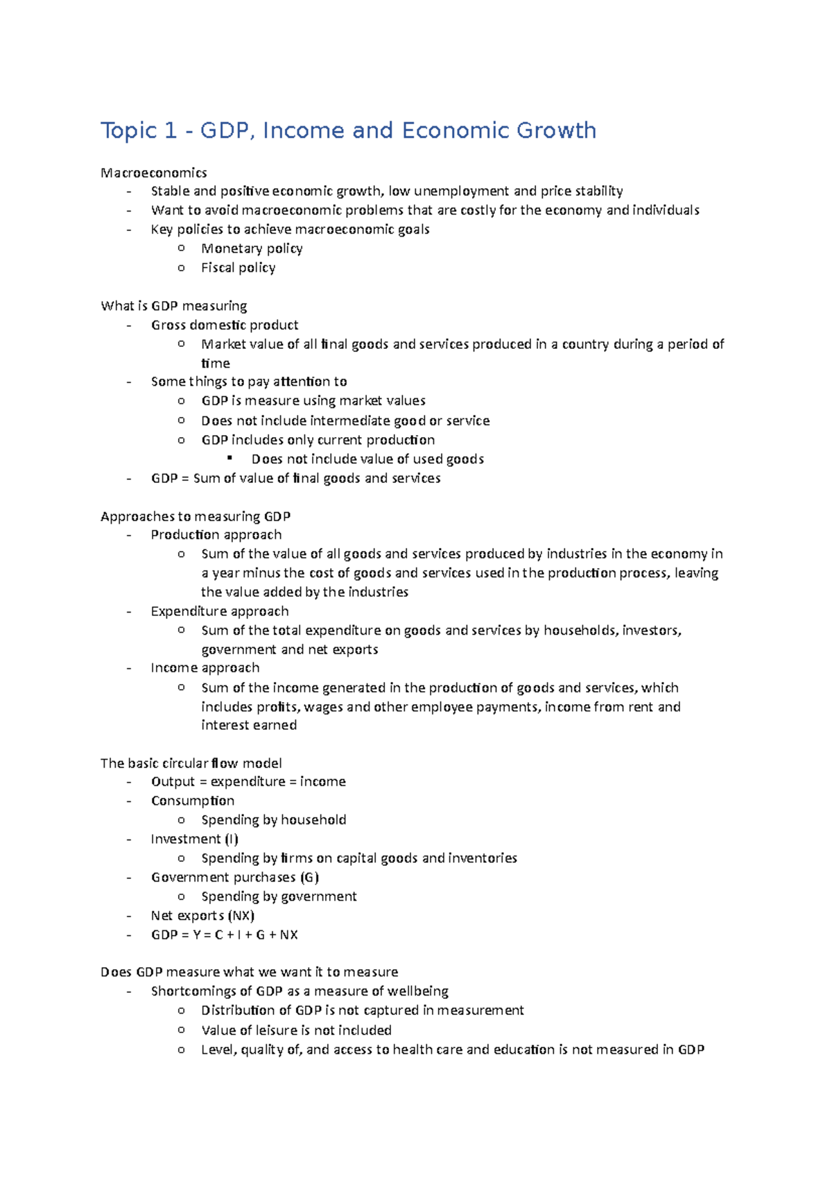 Exam Notes - Topic 1 - GDP, Income and Economic Growth Macroeconomics ...