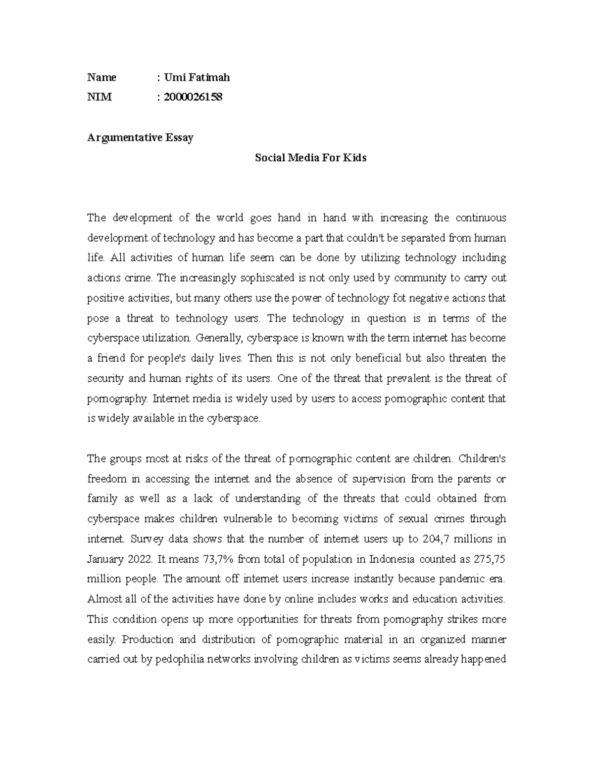 Argumentative Essay Name Umi Fatimah NIM 2000026158 Argumentative 