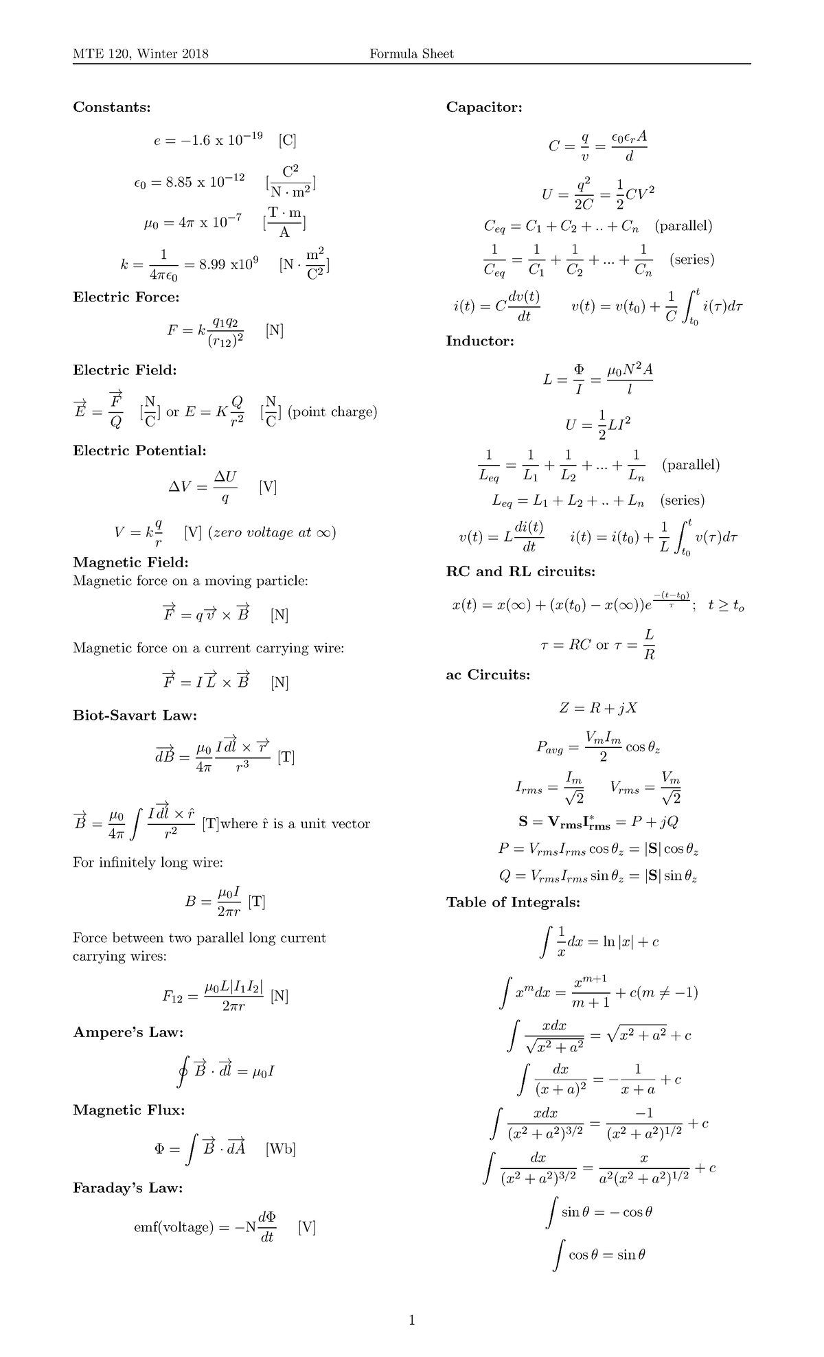 Mte 120 Formula Sheet - Mte 120, Winter 2018 Formula Sheet Constants 