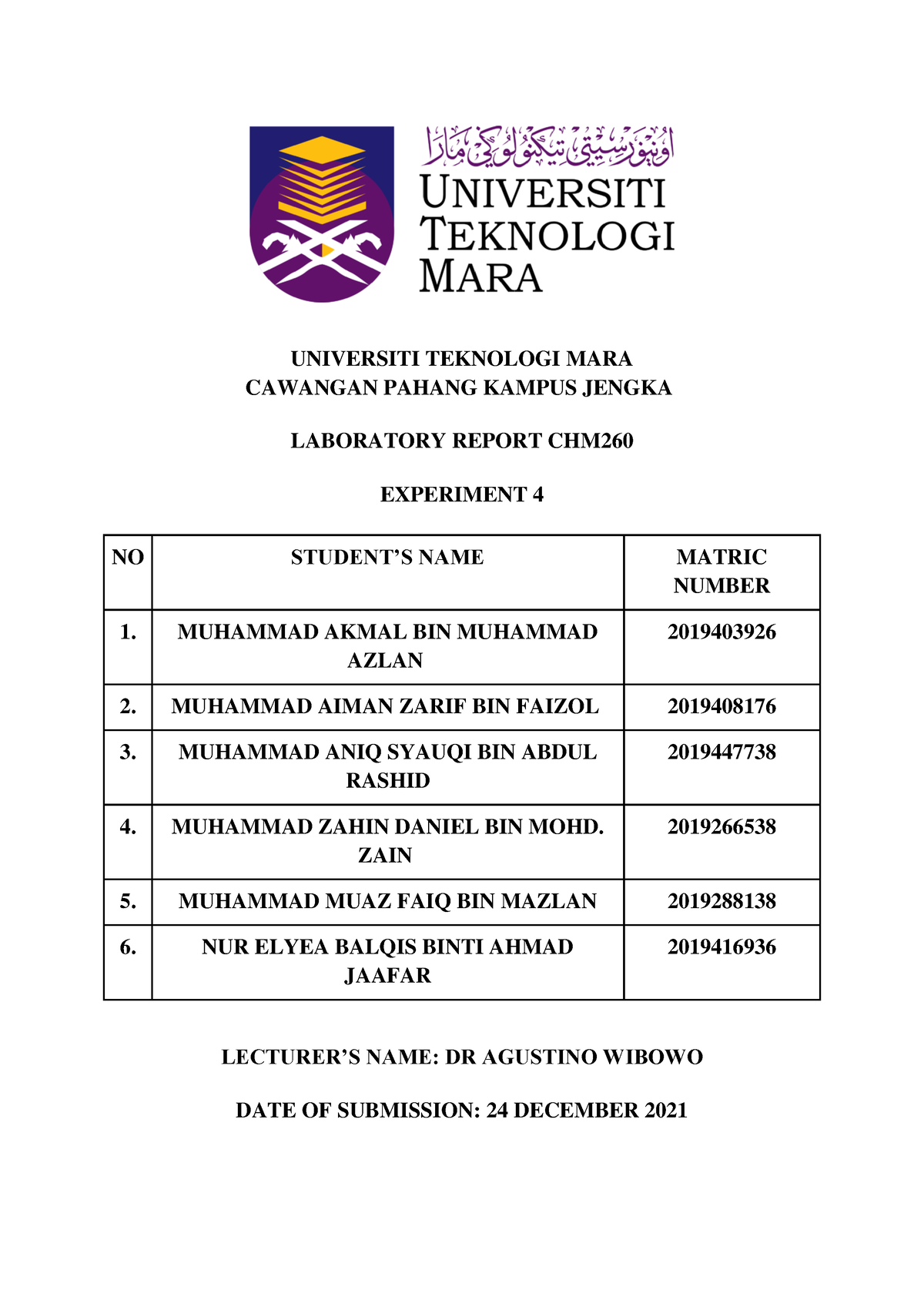 LAB Report EXP 4 CHM260 - UNIVERSITI TEKNOLOGI MARA CAWANGAN PAHANG ...