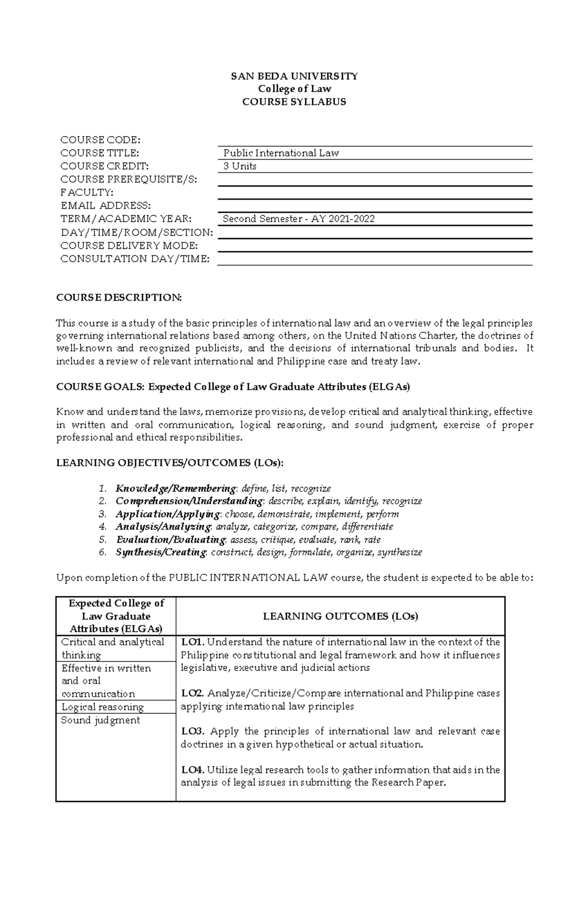 PIL Departmental Syllabus AY 2021 2022 - SAN BEDA UNIVERSITY College Of ...