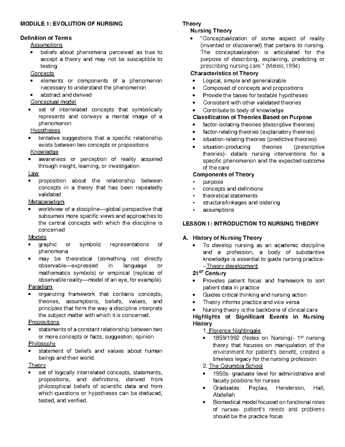 Reviewer Theoretical MODULE 1 EVOLUTION OF NURSING Definition of