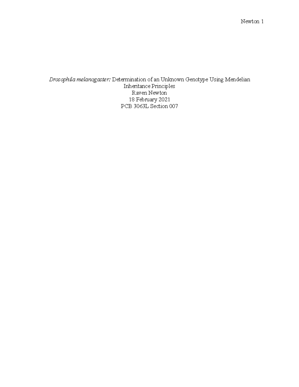 PCB 3063L Lab Report 1 Drosophila melanogaster Determination of an