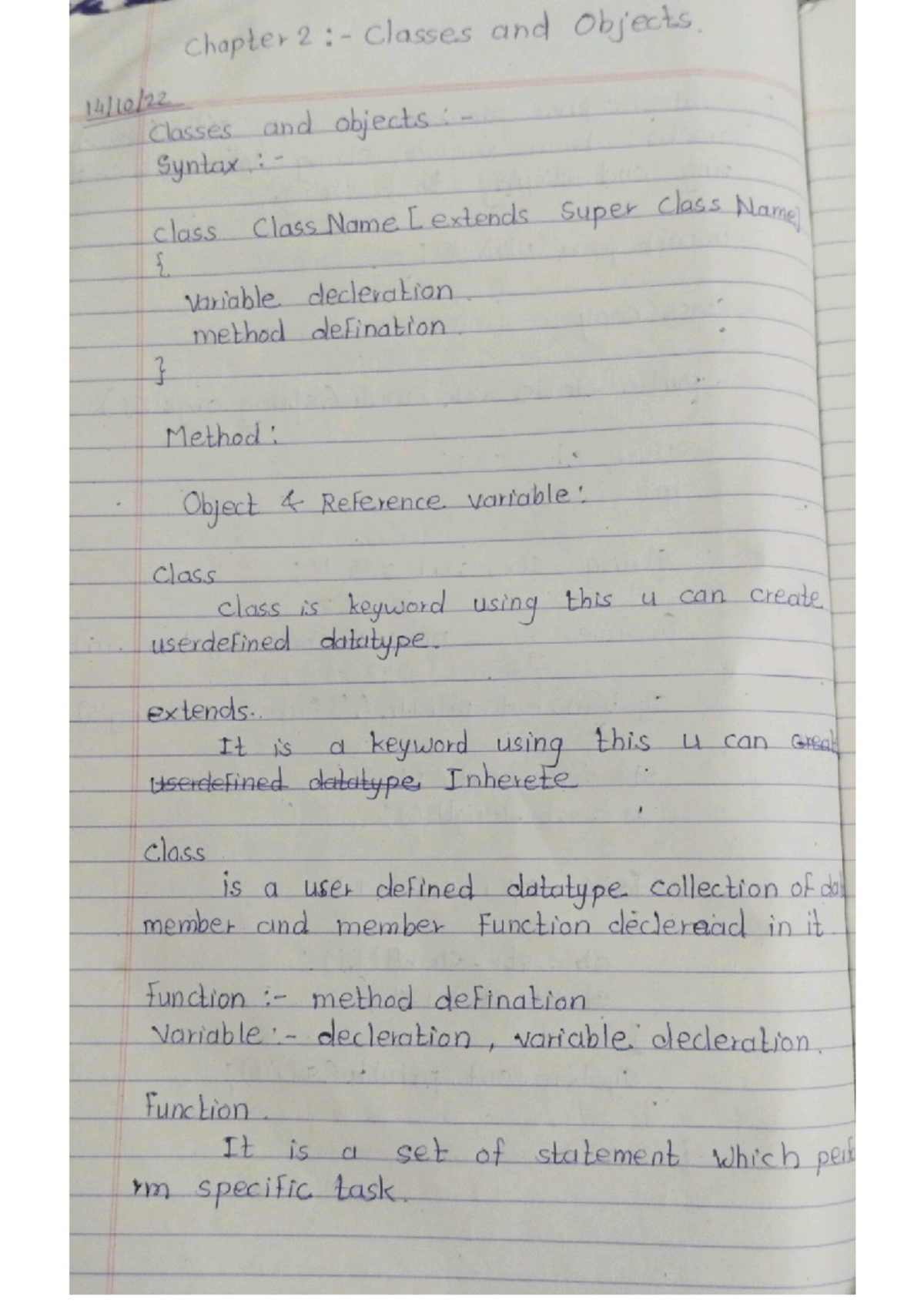 Java Chapter 2 Java Object And Classes Notes Chapter Classes And