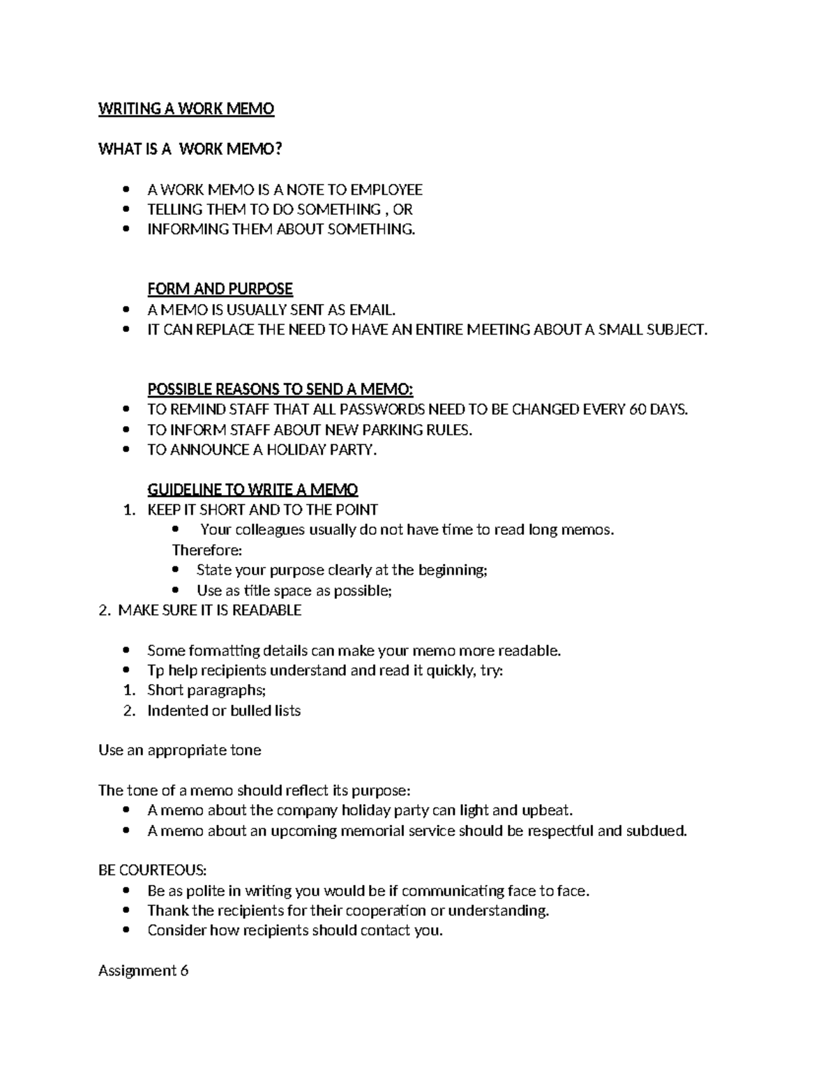 Writing A WORK MEMO - WRITING A WORK MEMO WHAT IS A WORK MEMO? A WORK ...