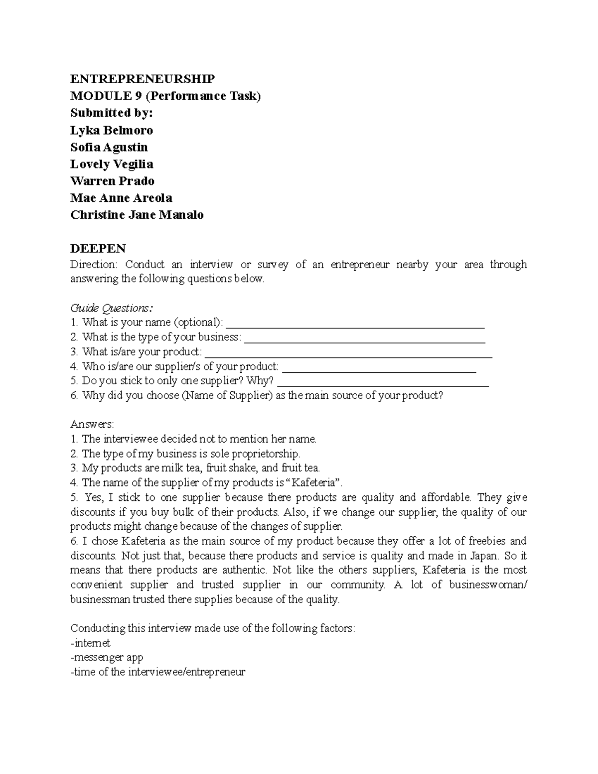 Entrepreneurship-MOD-9 - ENTREPRENEURSHIP MODULE 9 (Performance Task ...