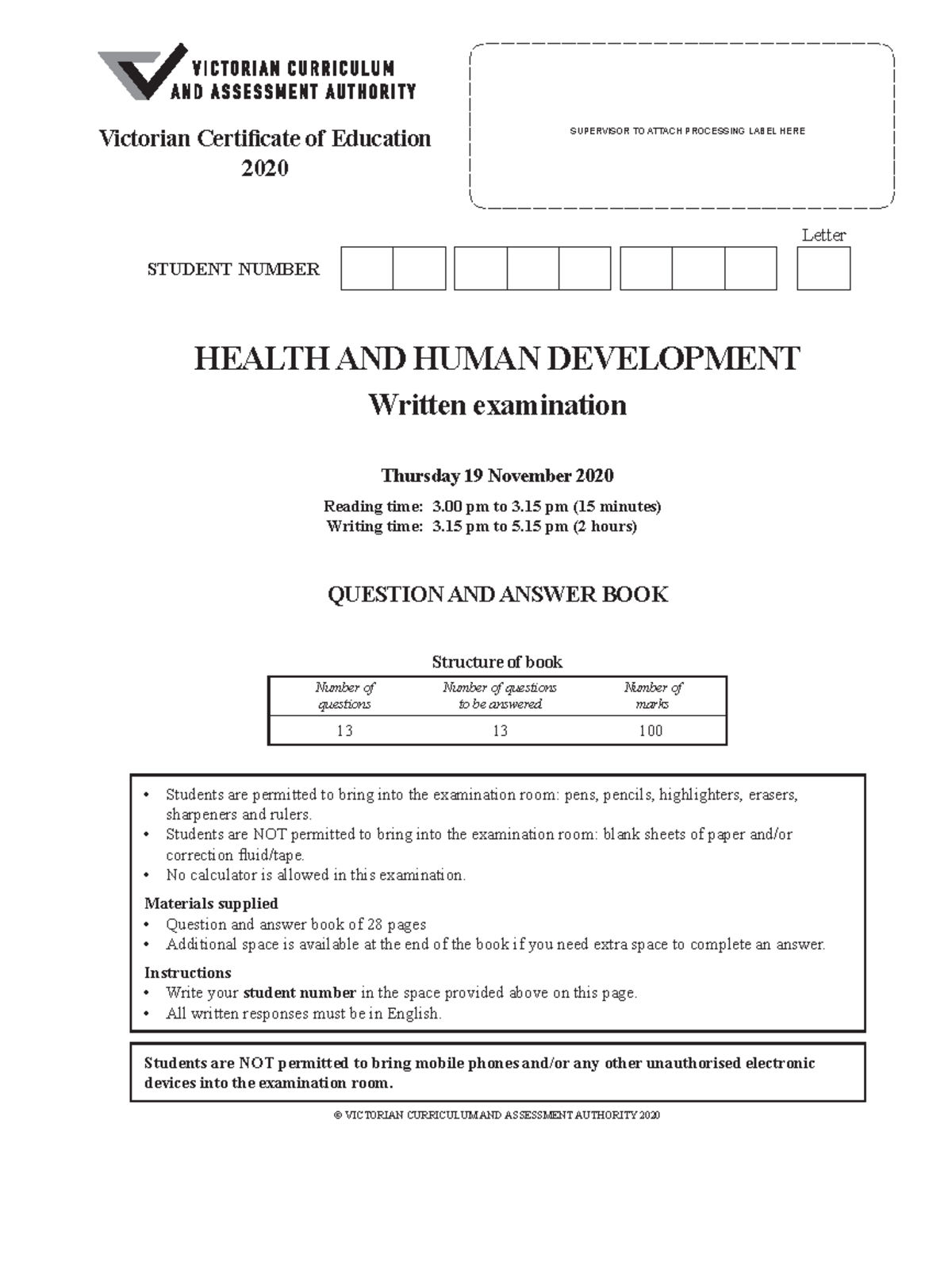 Vcaa hhd 2020 Good practise exam HEALTH AND HUMAN DEVELOPMENT