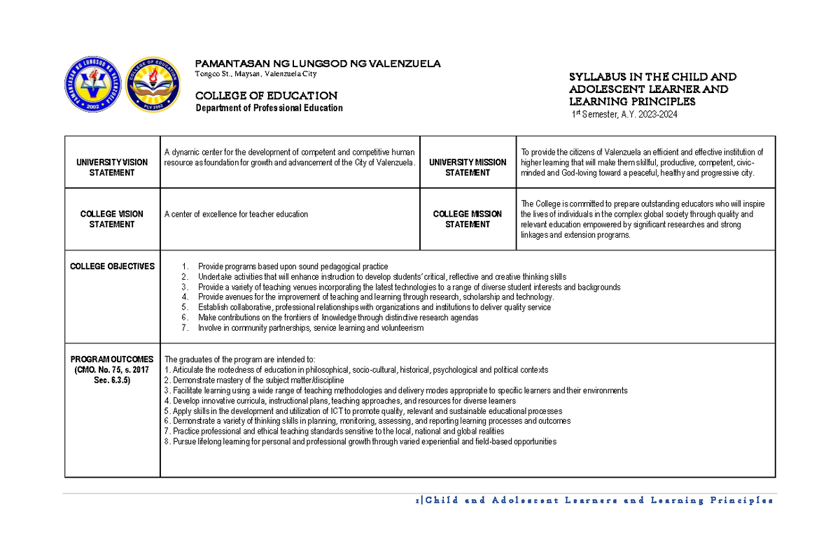 Syllabus EDUC1 The Child and Adolescent Learners and Learning ...