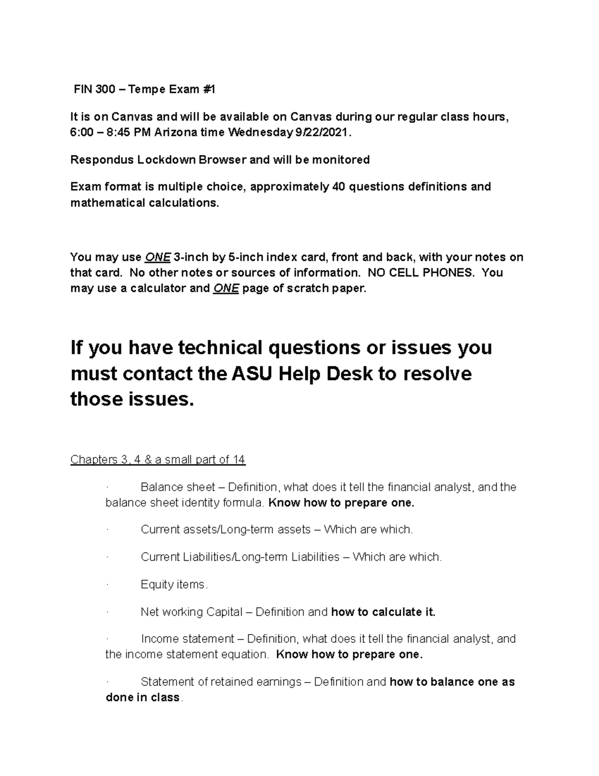 FIN 300 – Tempe Exam #1 Study Guide - FIN 300 – Tempe Exam # It is on ...