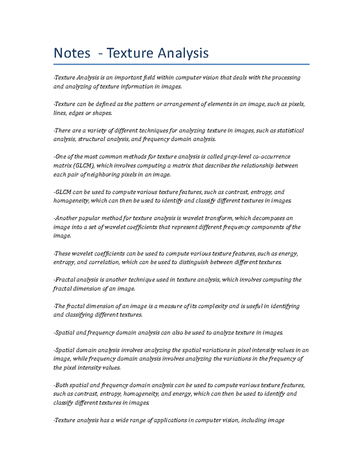 Lecture notes - Texture Analysis - Notes - Texture Analysis -Texture ...