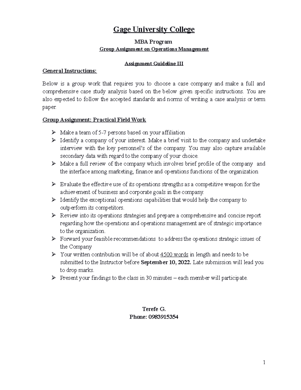 OM Group Assignment 3 Gage University College MBA Program Group