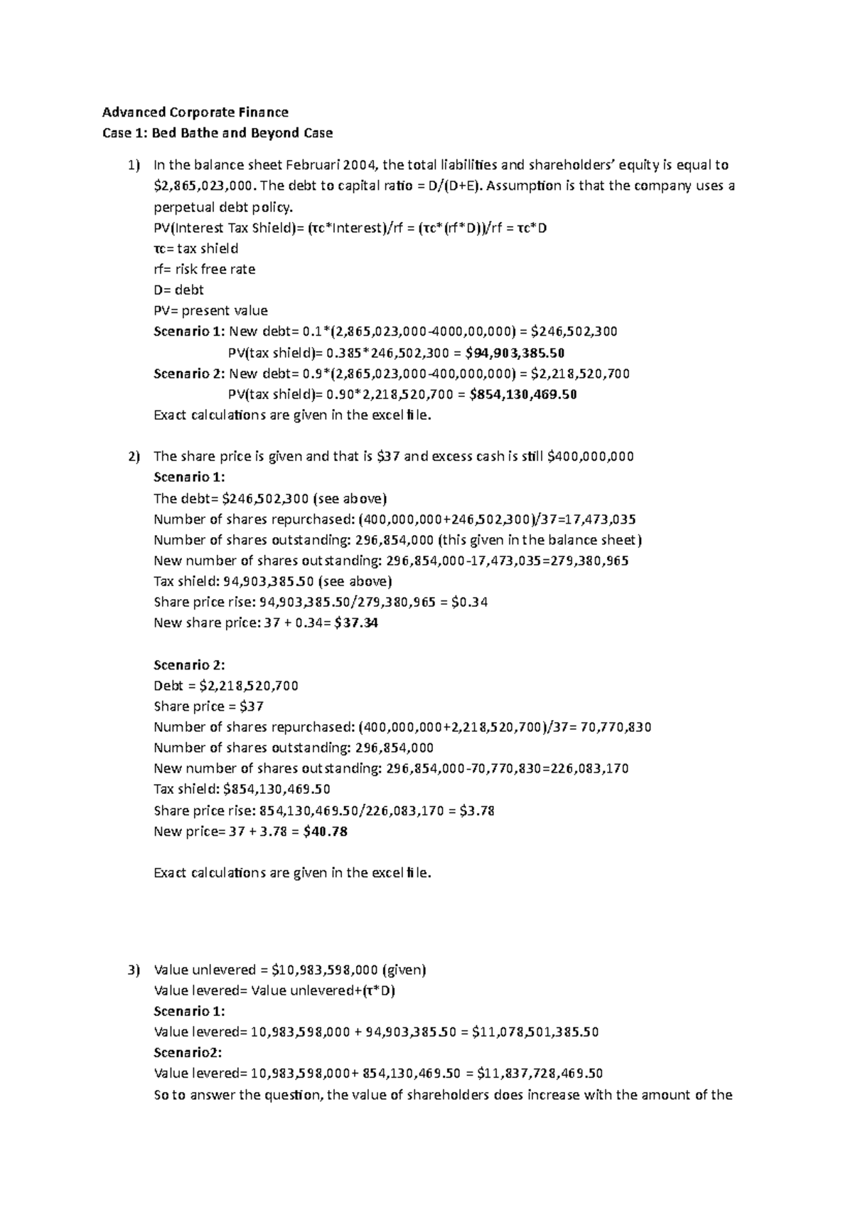 Case 1 BBB Advanced Corporate Finance Case 1 Bed Bathe and Beyond
