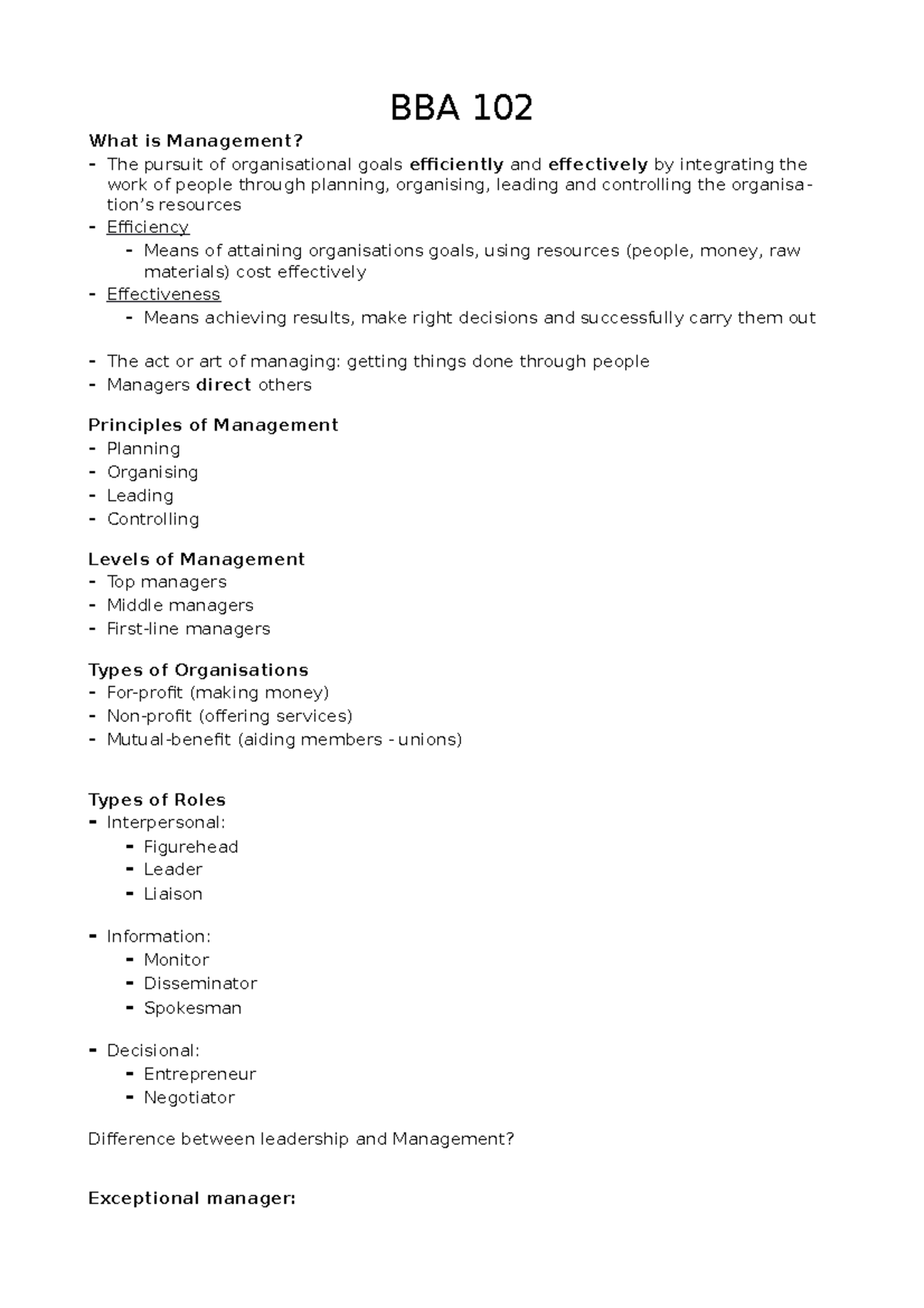 BBA 102 copy - Lecture notes 1-10 - BBA 102 What is Management? - The ...